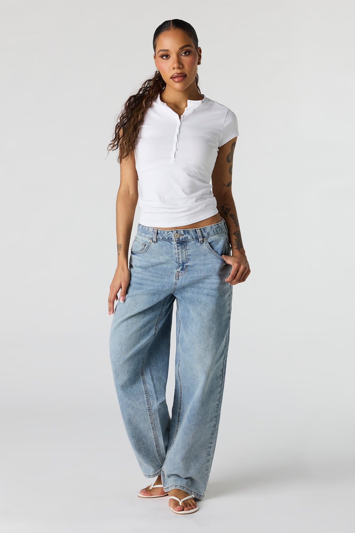 Stretch High Rise Barrel Medium Jean - Medium Blue