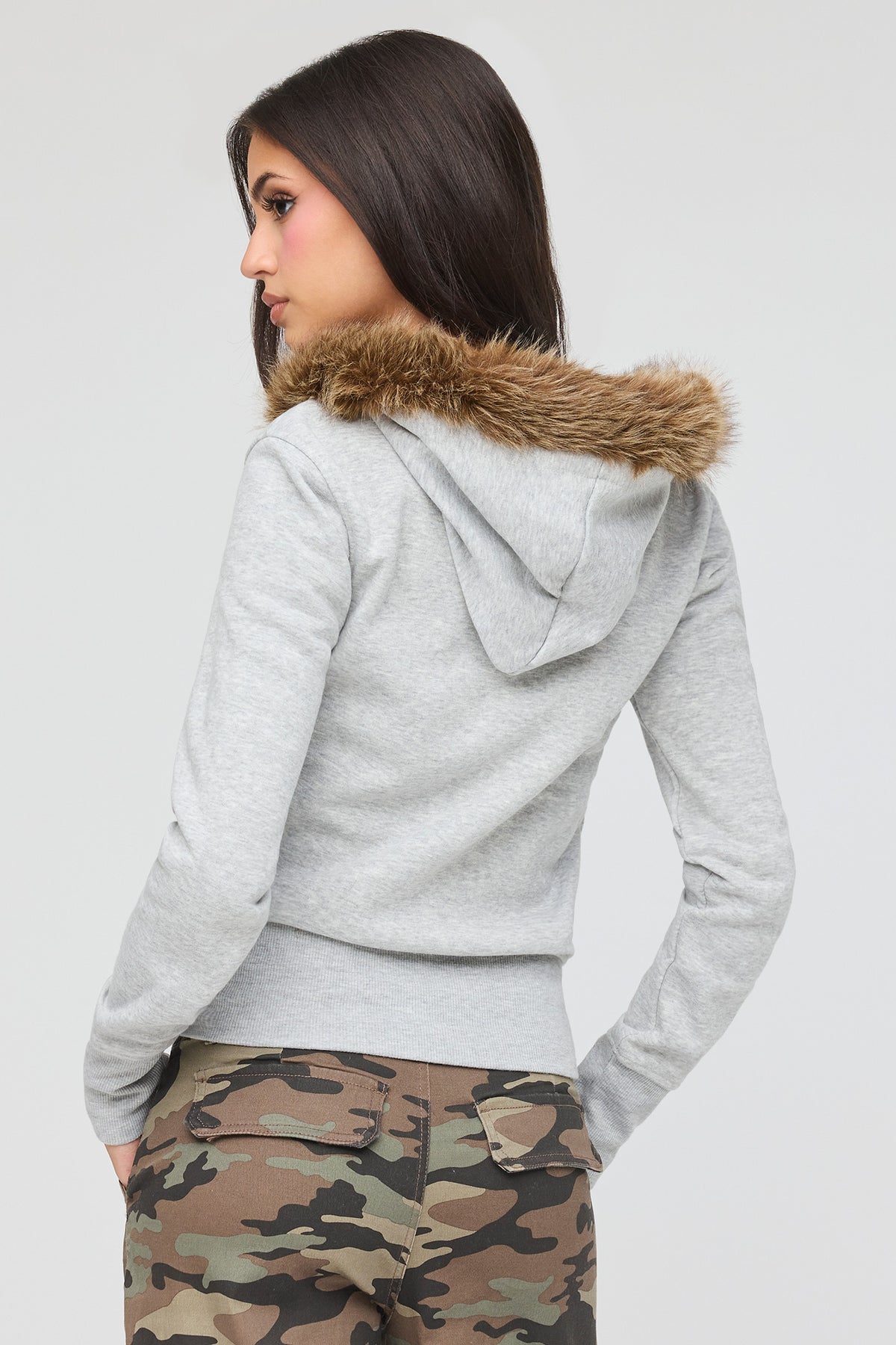 Alt View 2. Faux Fur Trim Zip Hoodie - Heather Grey