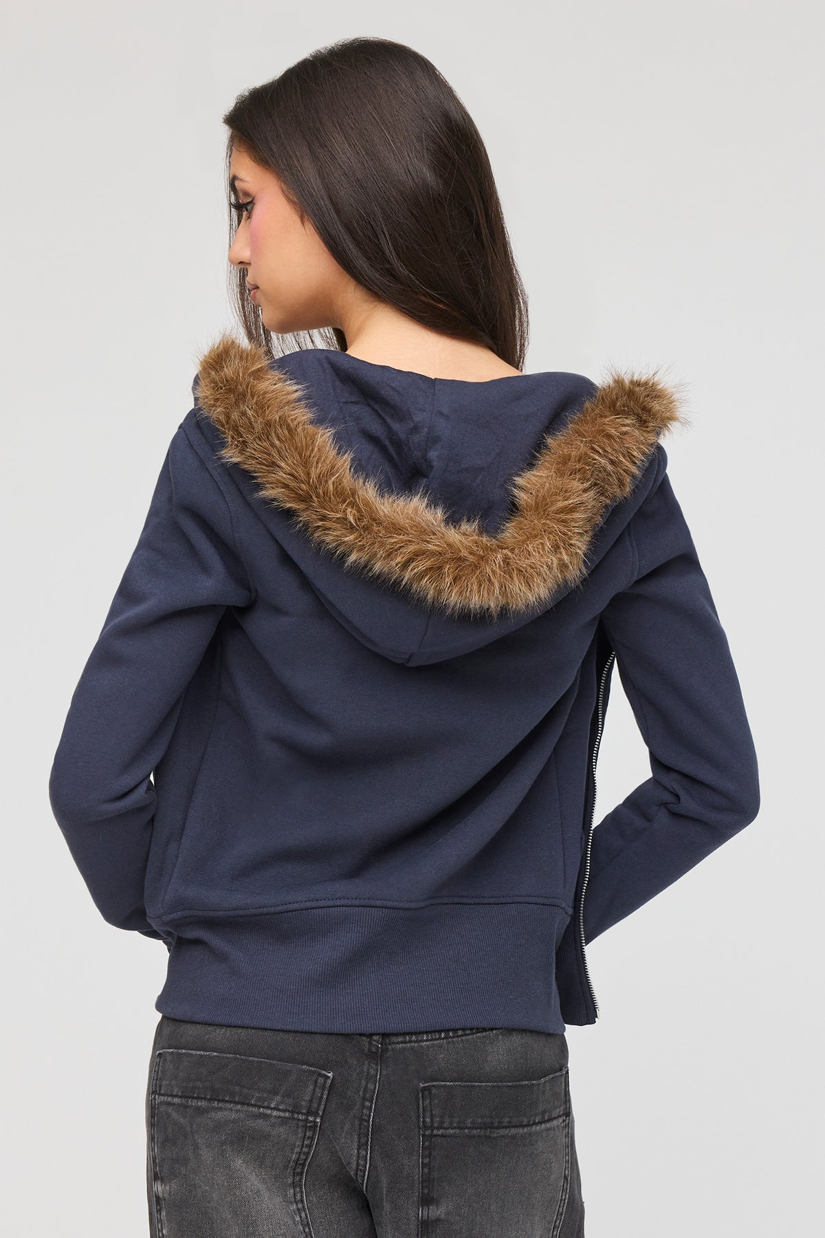 Alt View 2. Faux Fur Trim Zip Hoodie - Navy