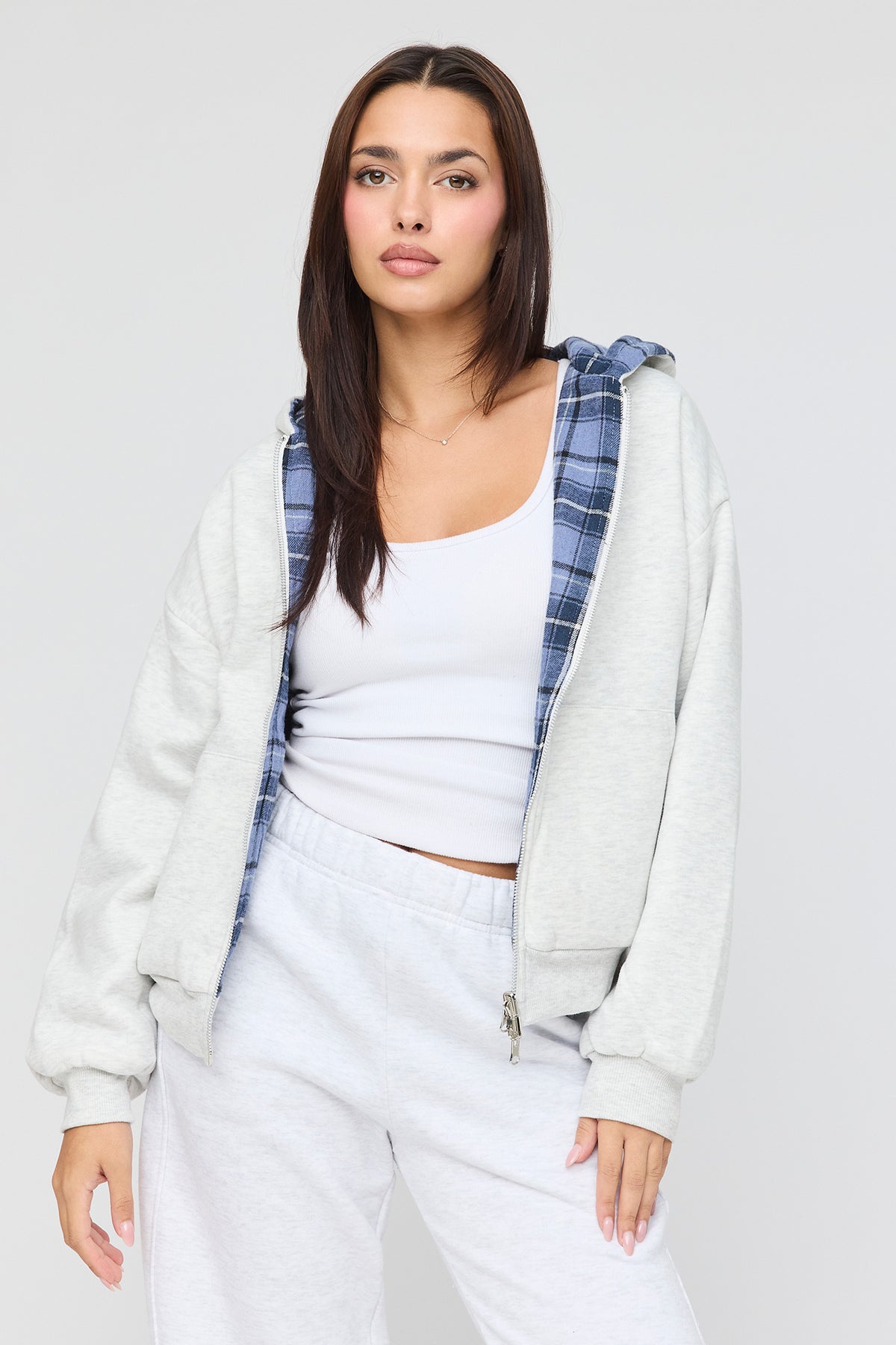 Alt View 2. Reversible Plaid Zip Hoodie - Heather Grey