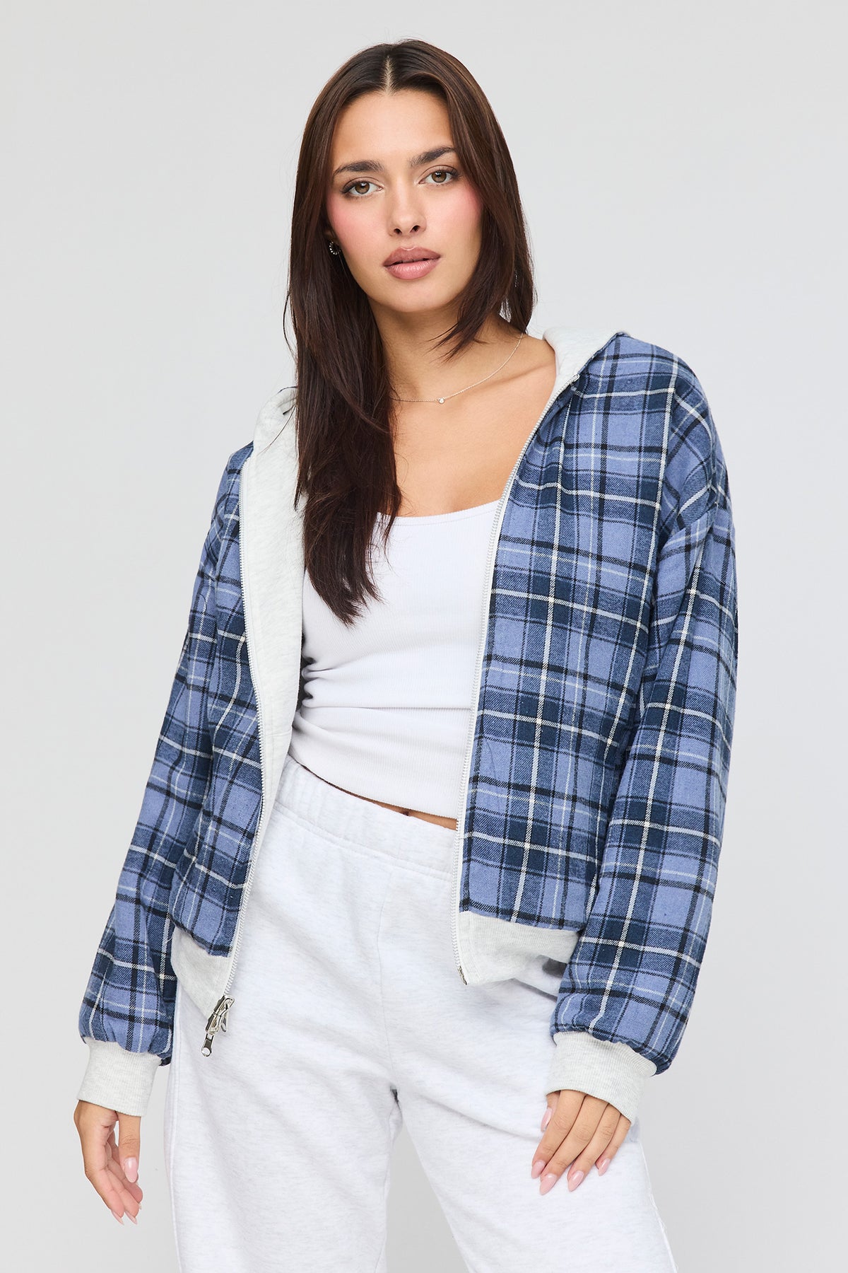 Reversible Plaid Zip Hoodie - Heather Grey