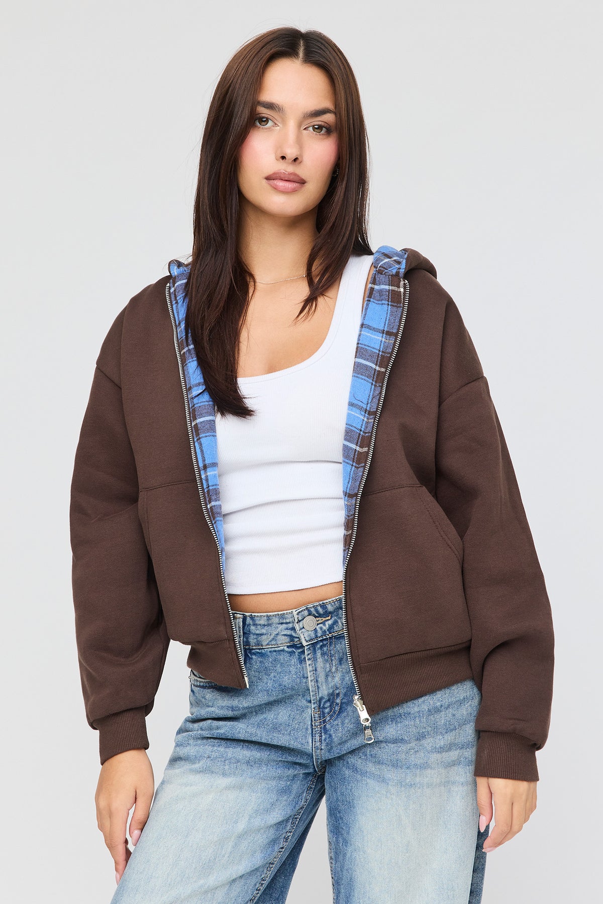 Alt View 2. Reversible Plaid Zip Hoodie - Brown
