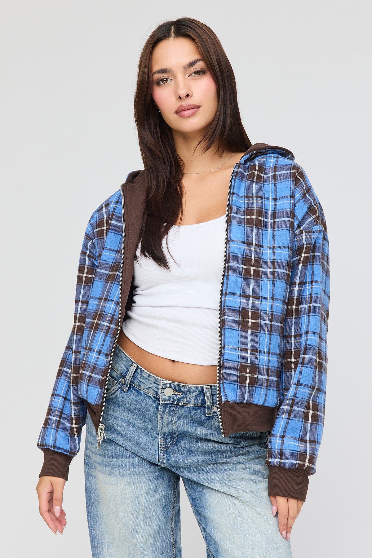 Reversible Plaid Zip Hoodie - Brown