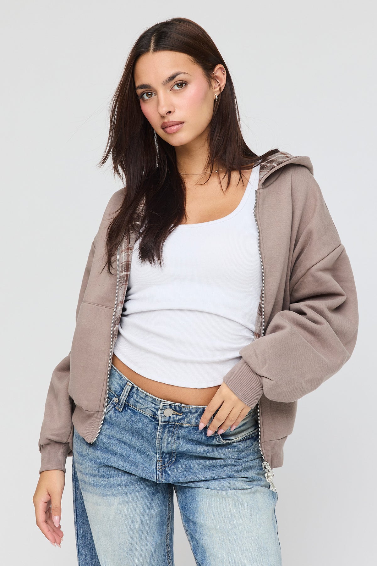Alt View 2. Reversible Plaid Zip Hoodie - Light Brown