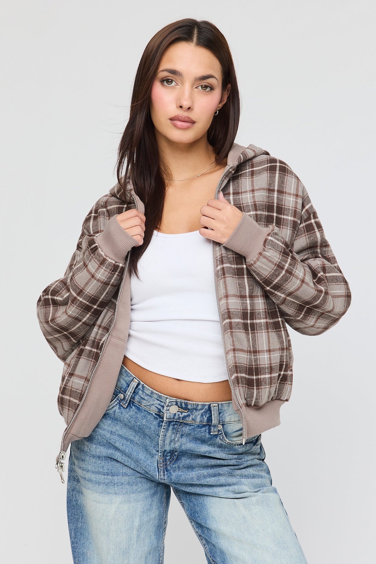Reversible Plaid Zip Hoodie - Light Brown