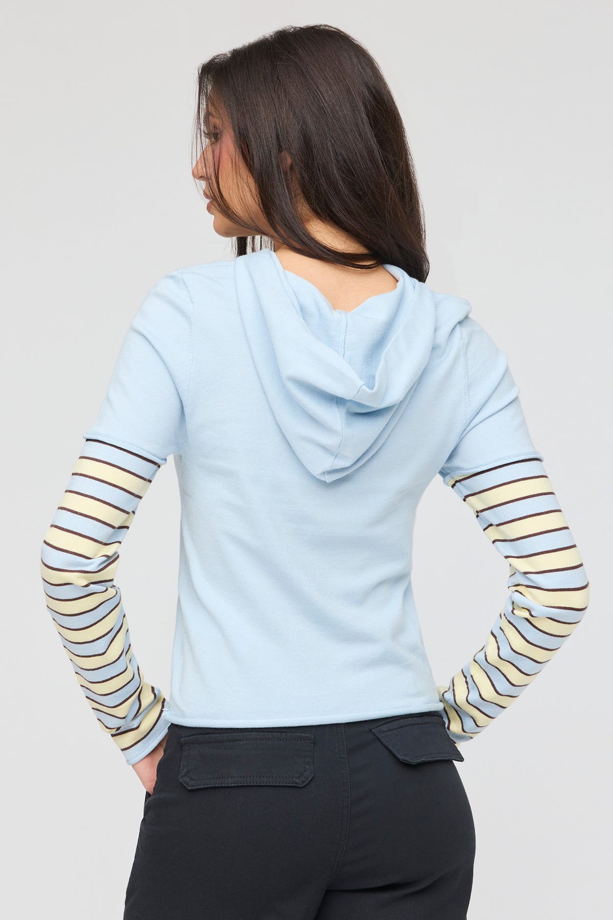 Alt View 2. Knit Striped Sleeve Hoodie - Light Blue