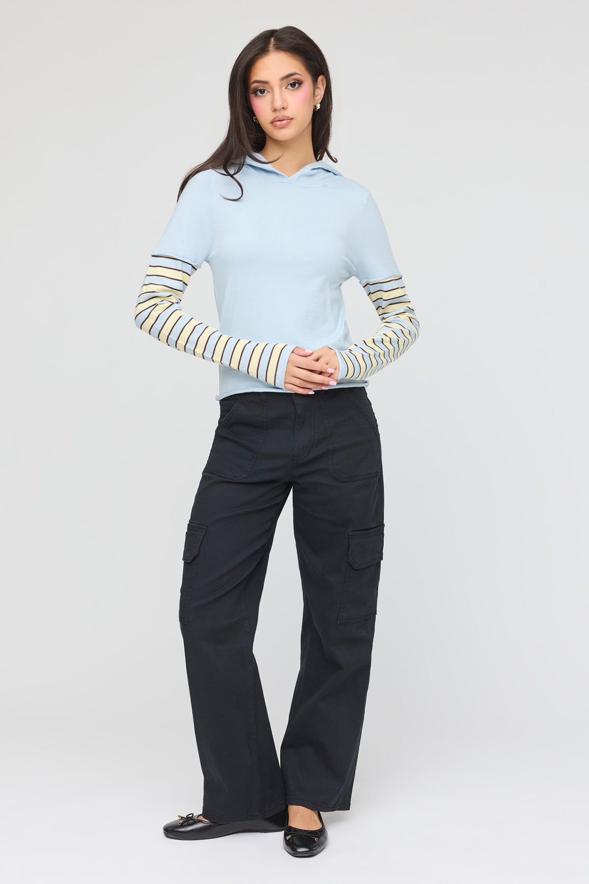 Alt View 3. Knit Striped Sleeve Hoodie - Light Blue