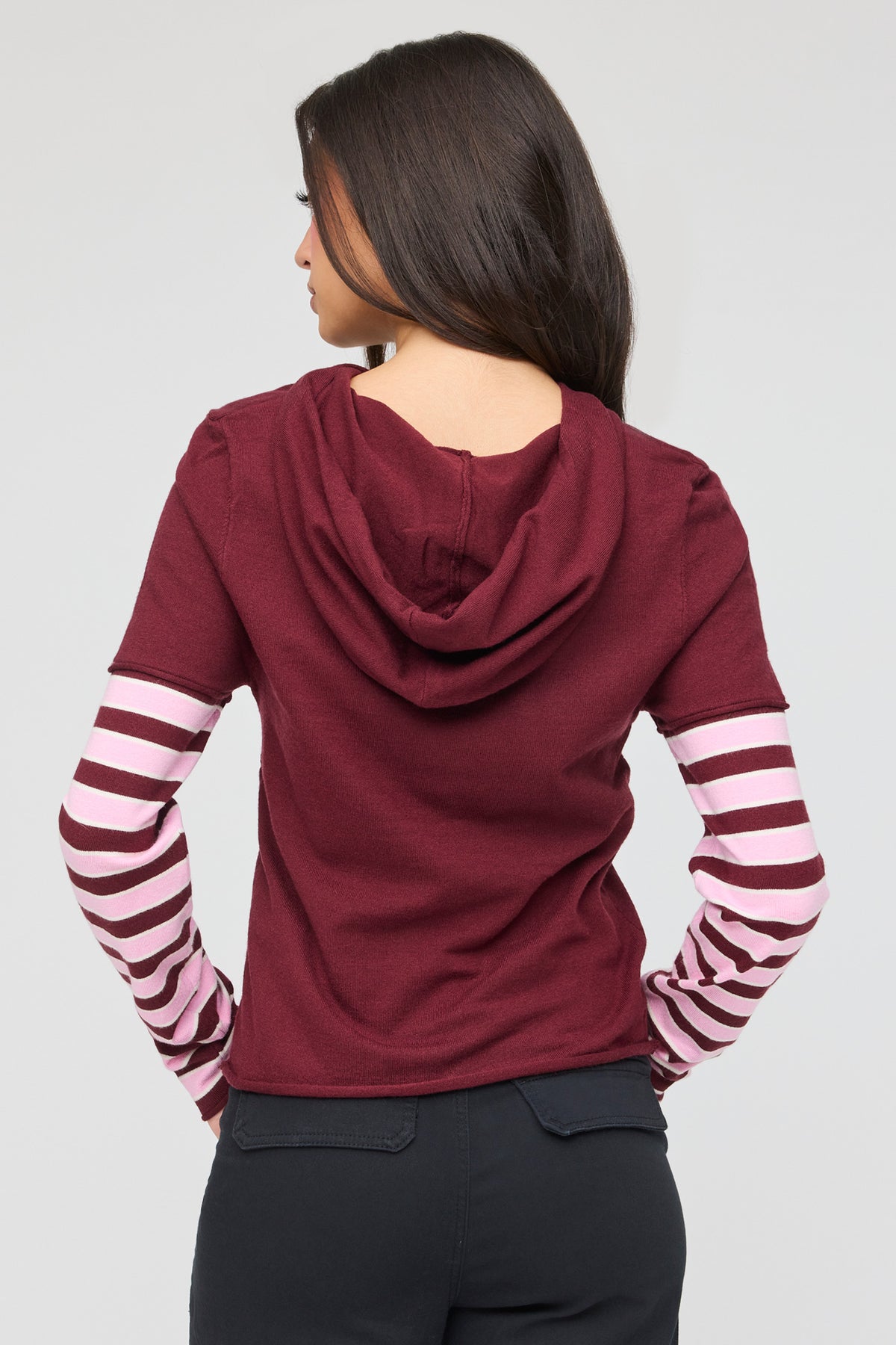 Alt View 2. Knit Striped Sleeve Hoodie - Red