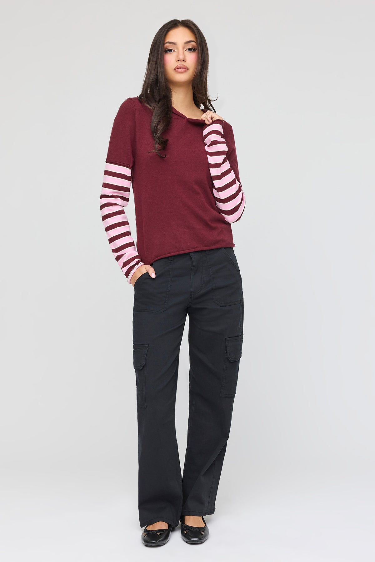 Alt View 3. Knit Striped Sleeve Hoodie - Red