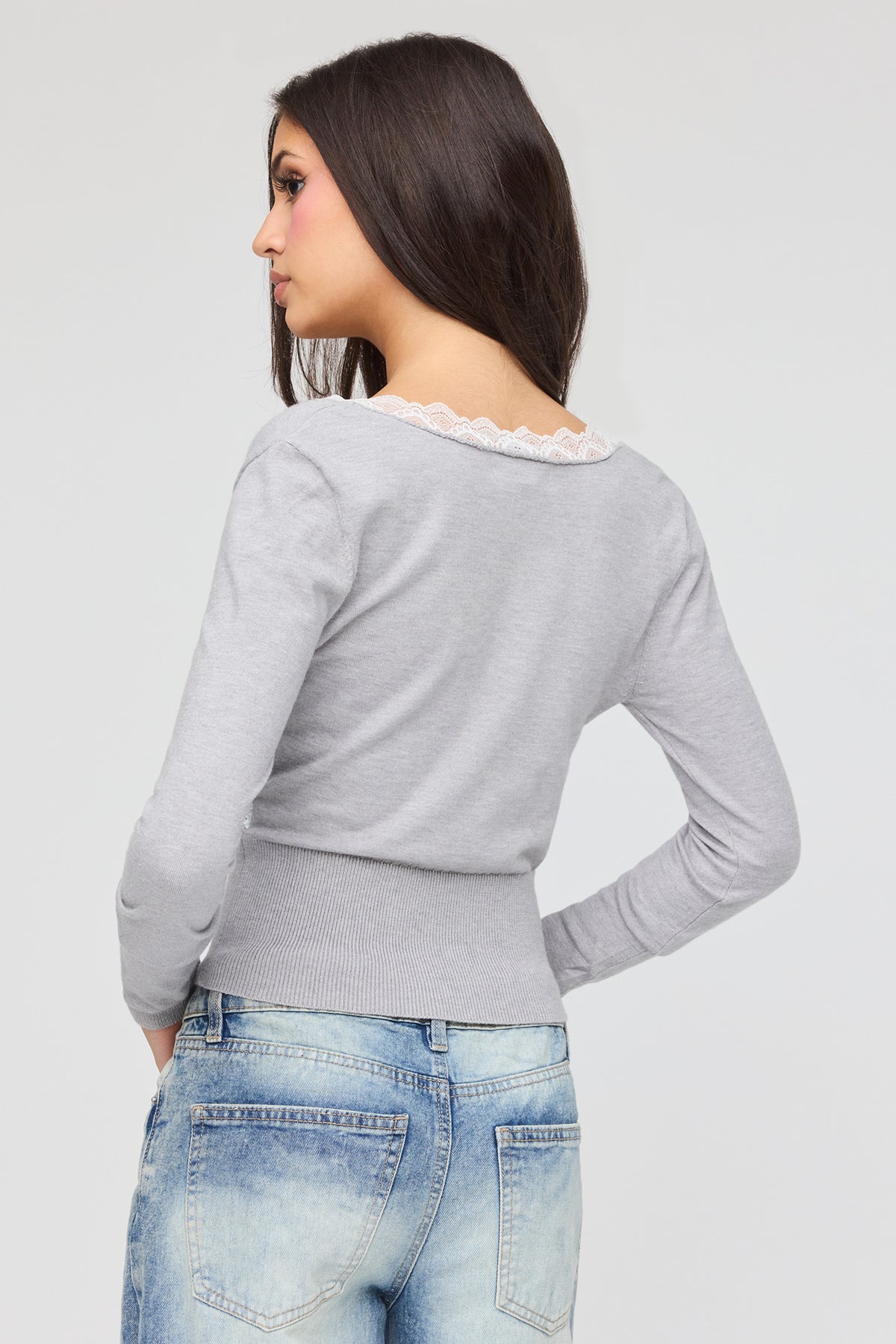 Alt View 2. Surplice Lace Trim Sweater - Heather Grey