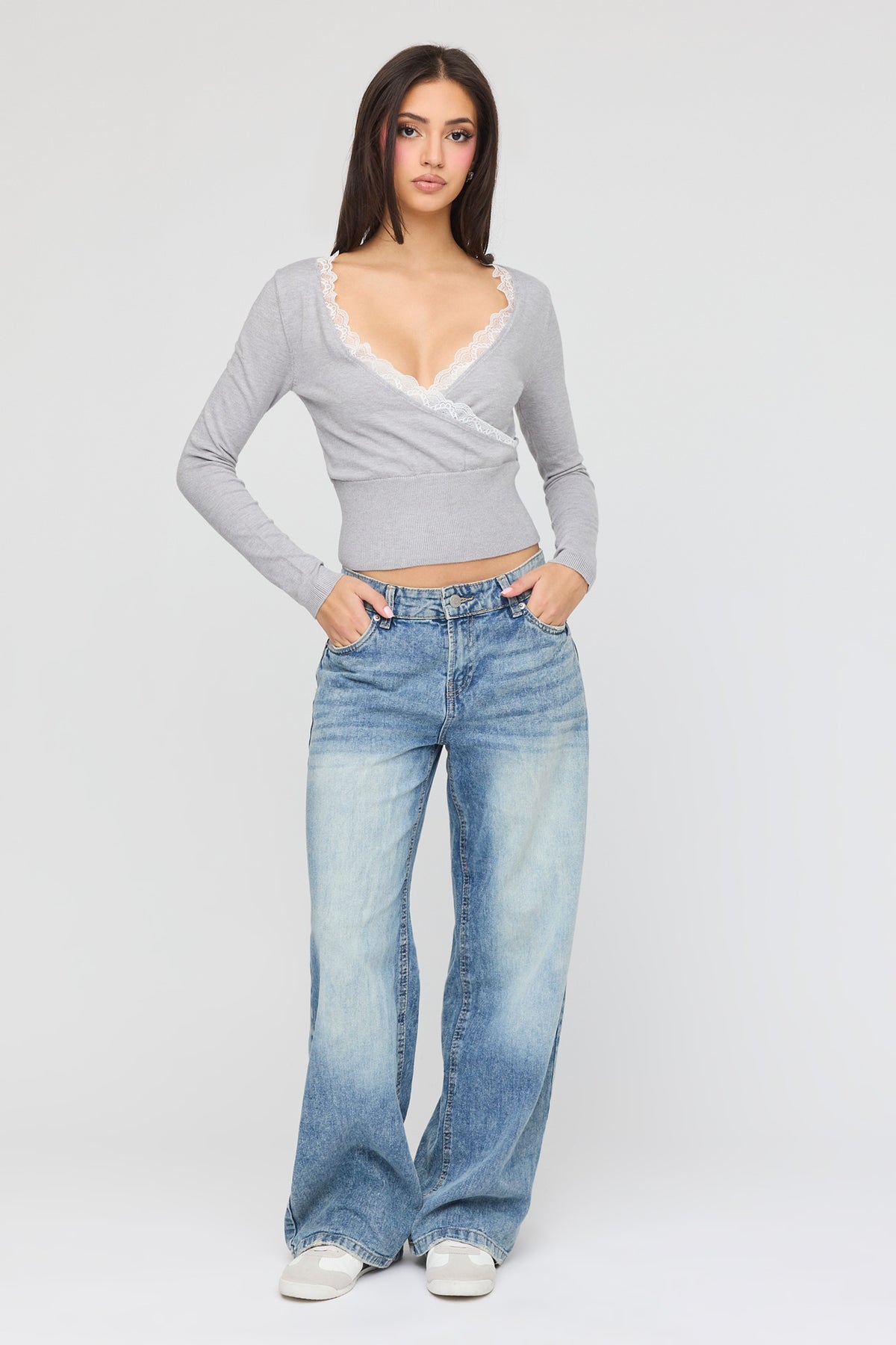 Alt View 3. Surplice Lace Trim Sweater - Heather Grey