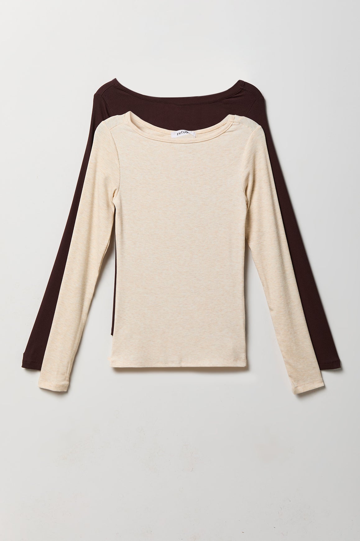 Ribbed Boatneck Long Sleeve Top (2 Pack) - Brown