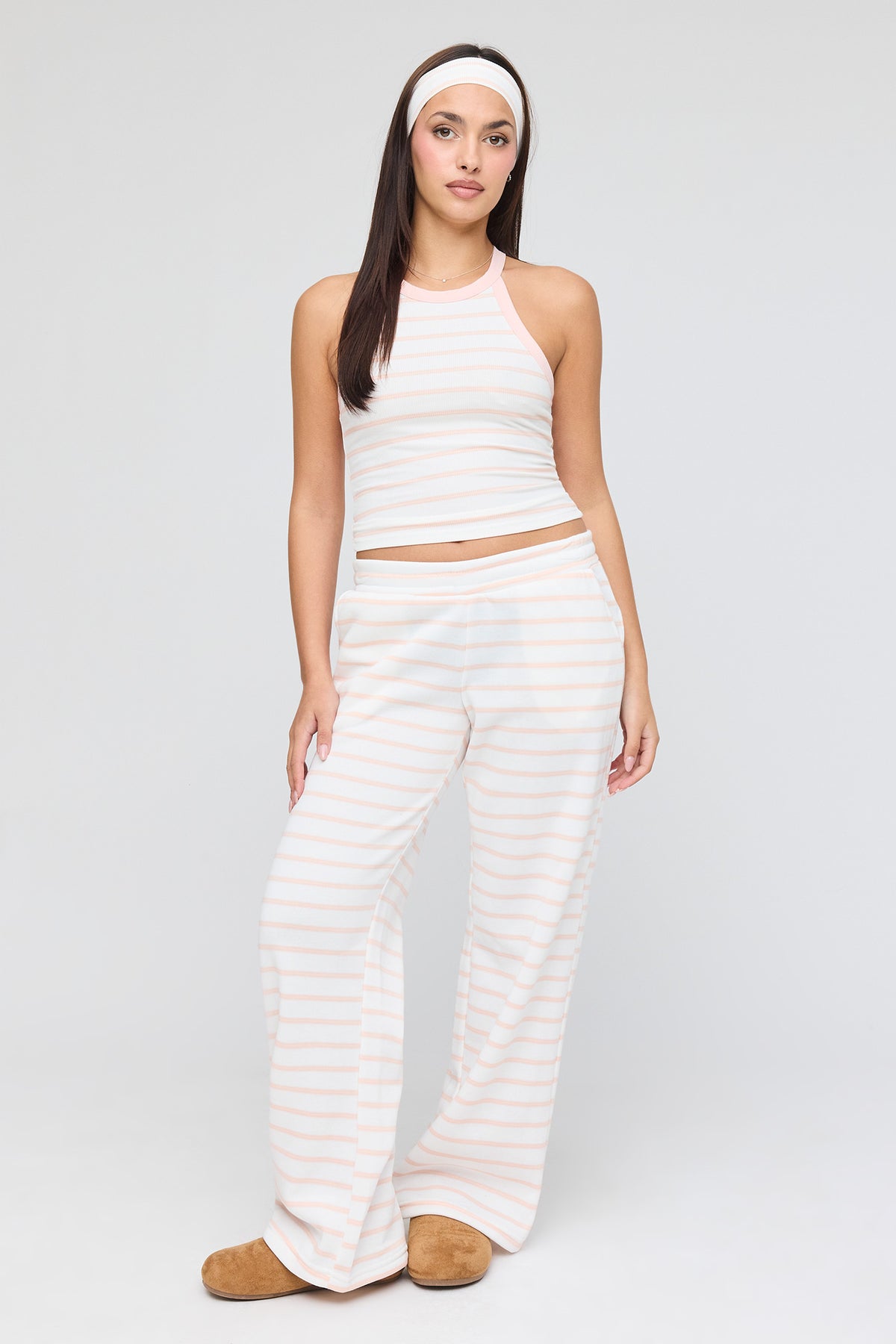 Striped Tank & Wide Leg Sweatpant Set - Cream