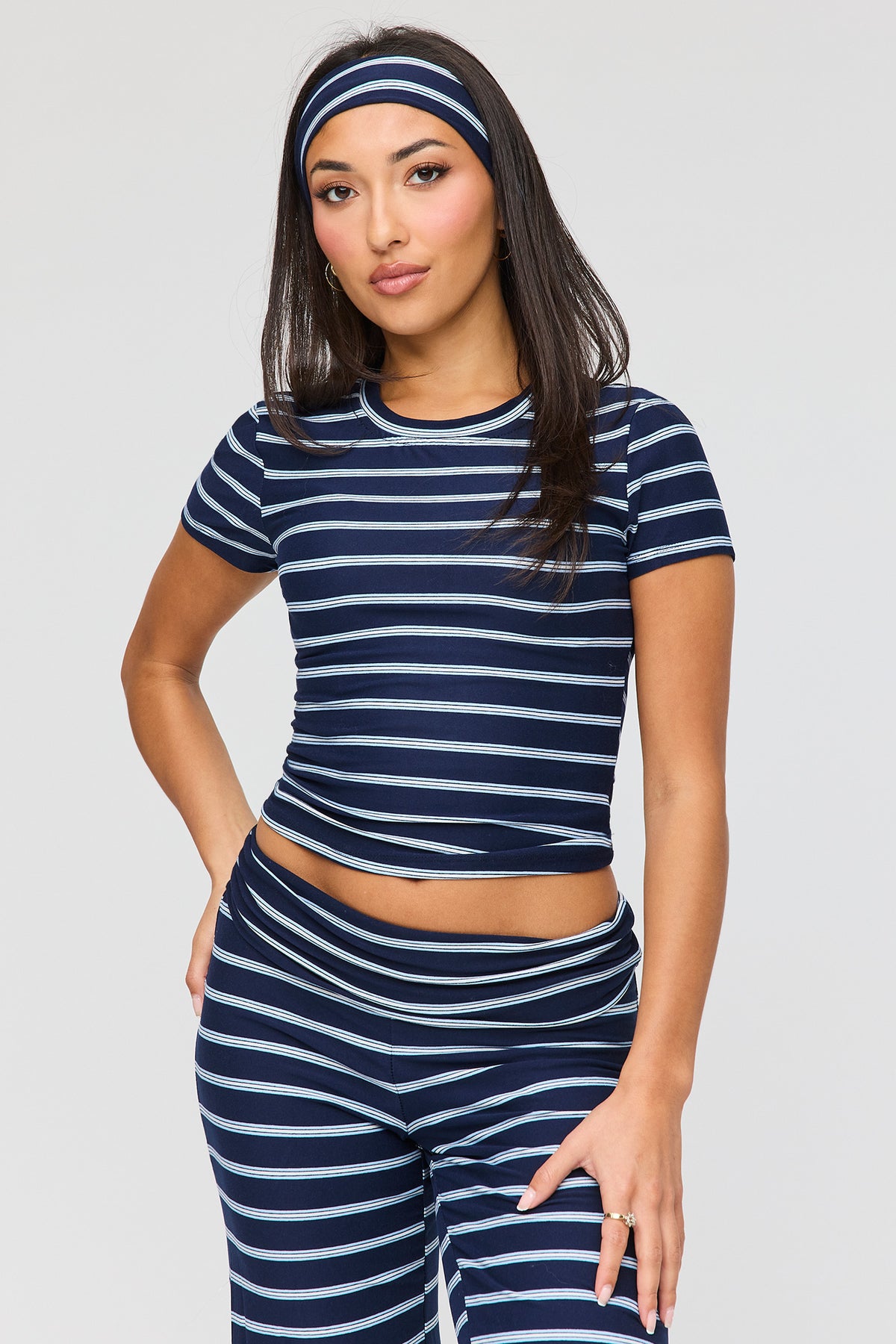 Alt View 2. Striped Tee & Pant & Headband Set - Navy