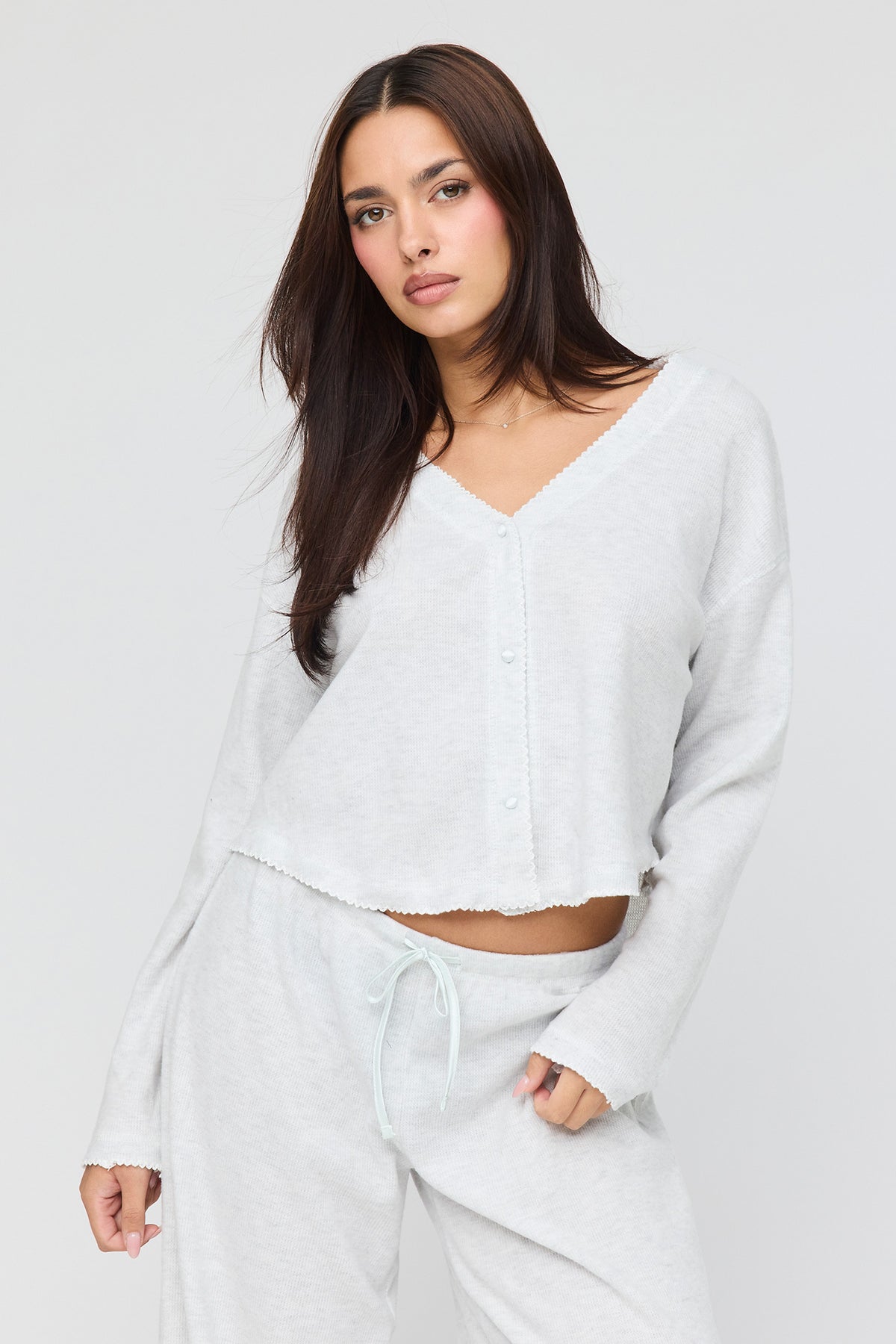 Alt View 2. Knit Button Front Top & Wide Leg Pant Set - Heather Grey