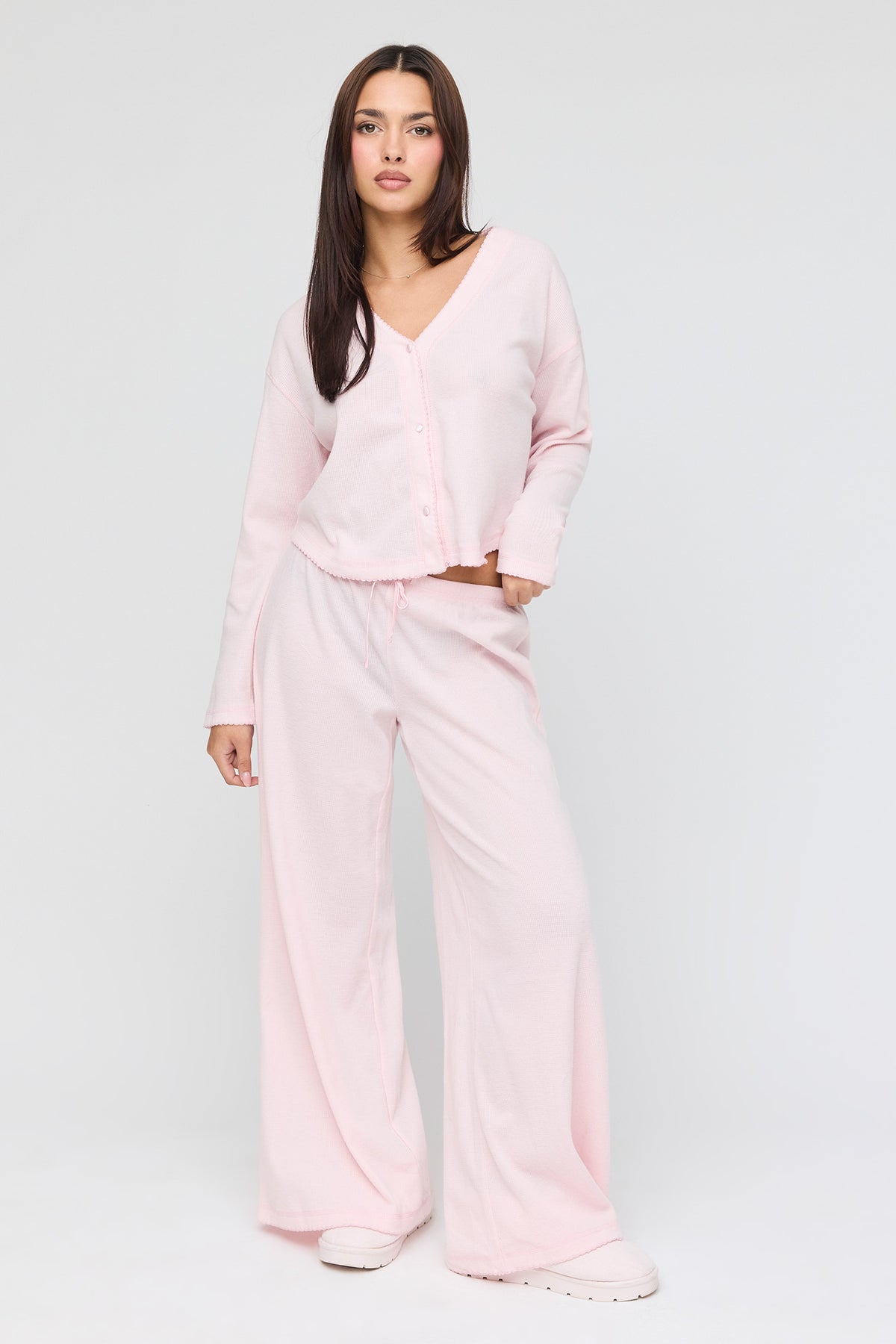 Knit Button Front Top & Wide Leg Pant Set - Lilac