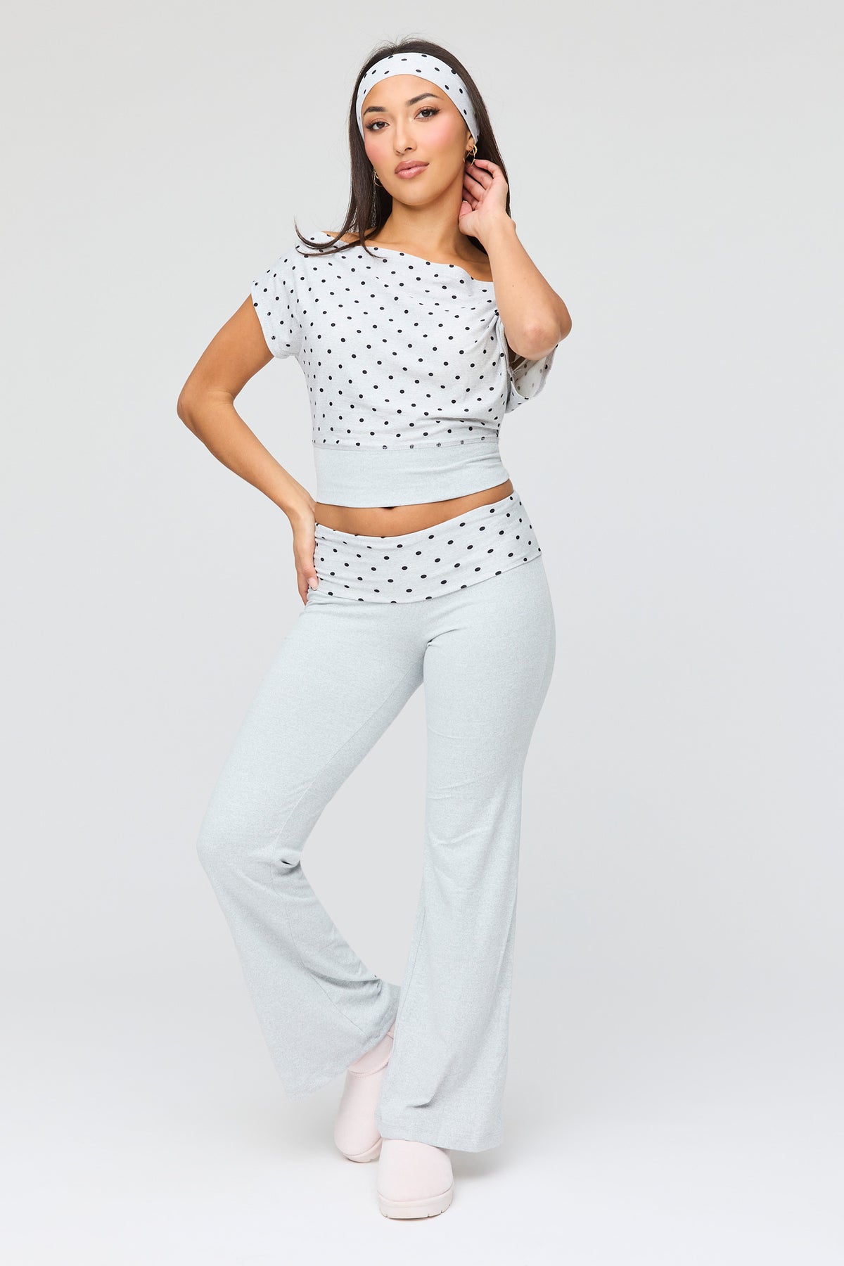 Polka Dot Top & Pant & Headband Set - Light Grey