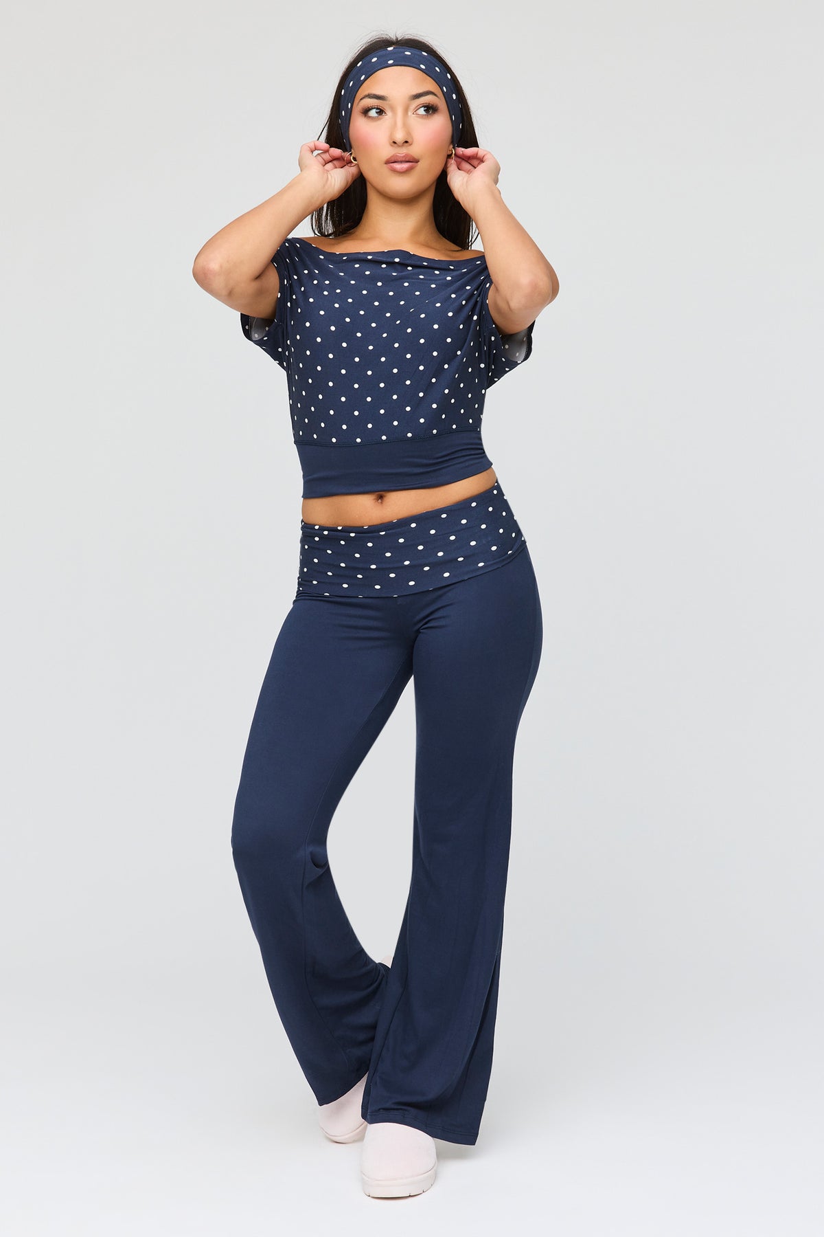 Polka Dot Top & Pant & Headband Set - Navy