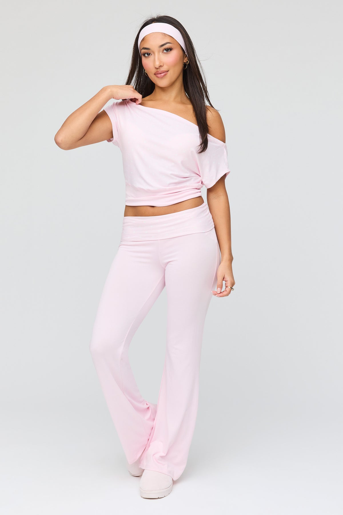 Polka Dot Top & Pant & Headband Set - Pink