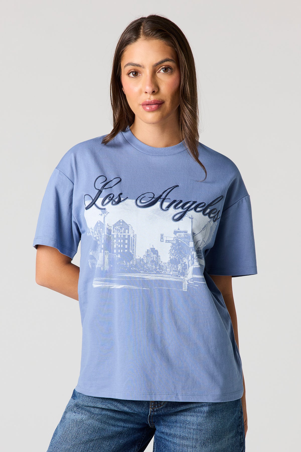 Alt View 2. Luxe Heavy Cotton LA Graphic Boyfriend T-Shirt - Light Blue