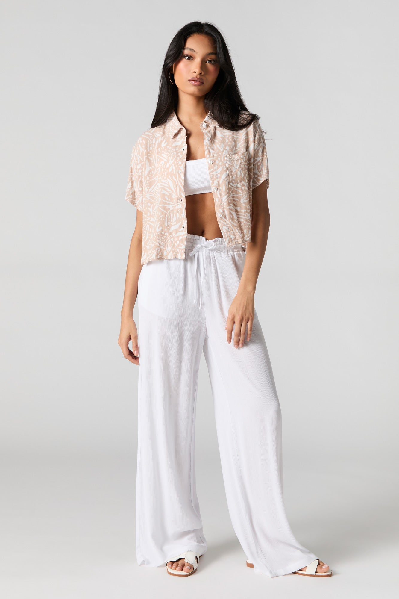 Printed Textured Cropped Button-Up Top