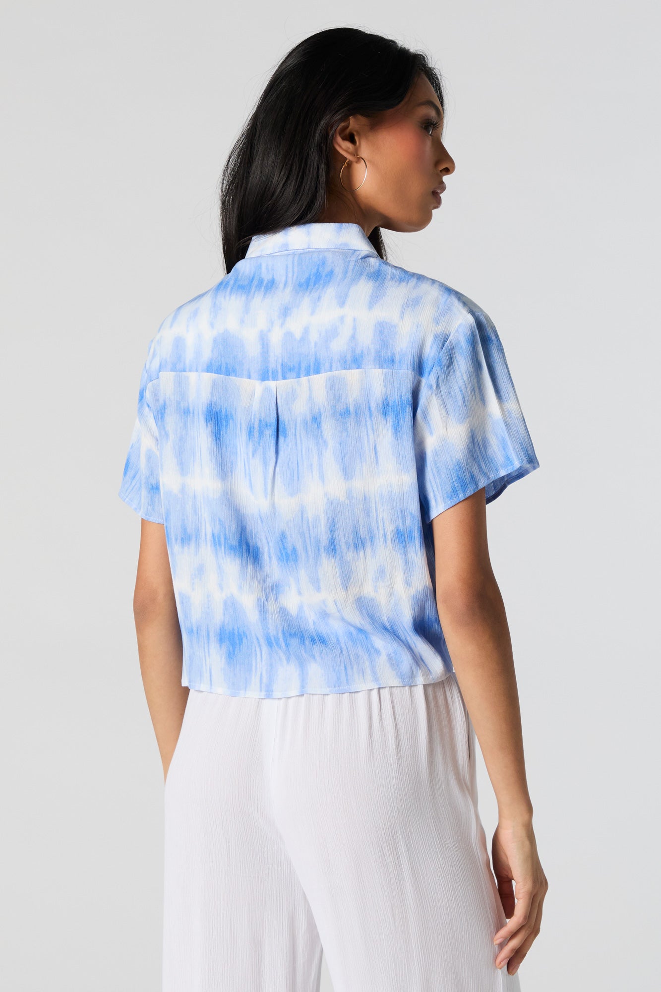 Tie Dye Print Textured Cropped Button-Up Top