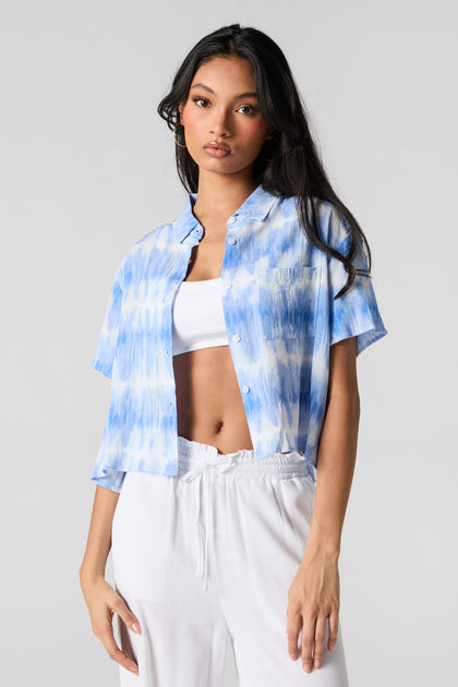 Tie Dye Print Textured Cropped Button-Up Top