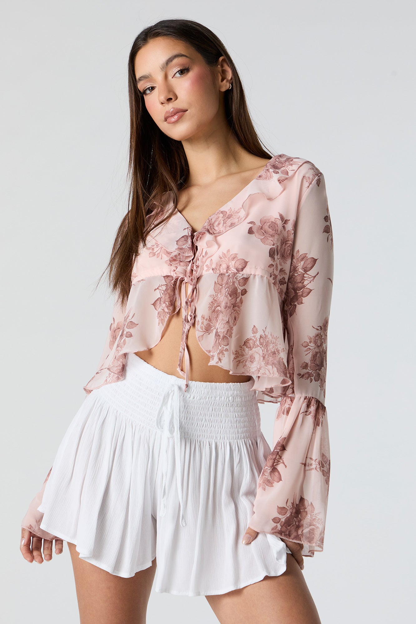 Rose Print Chiffon Front Tie Long Sleeve Top