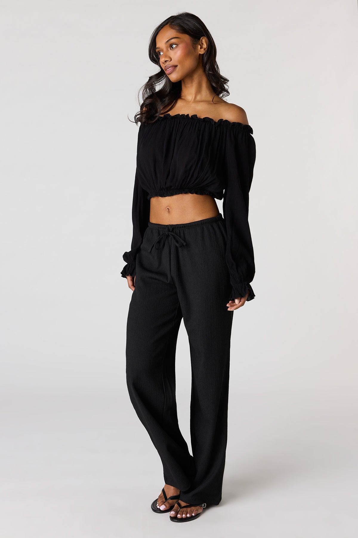 Alt View 3. Textured Off Shoulder Long Sleeve Top - Black