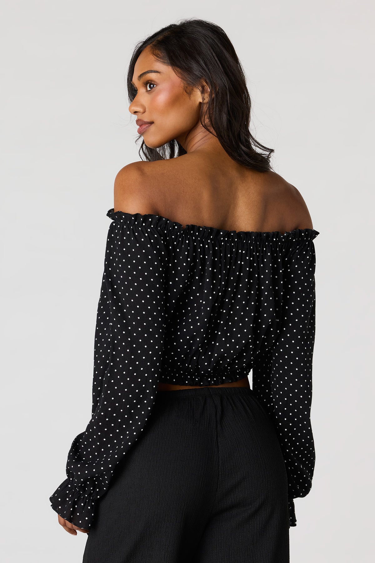 Alt View 2. Textured Off Shoulder Long Sleeve Top - Black with White