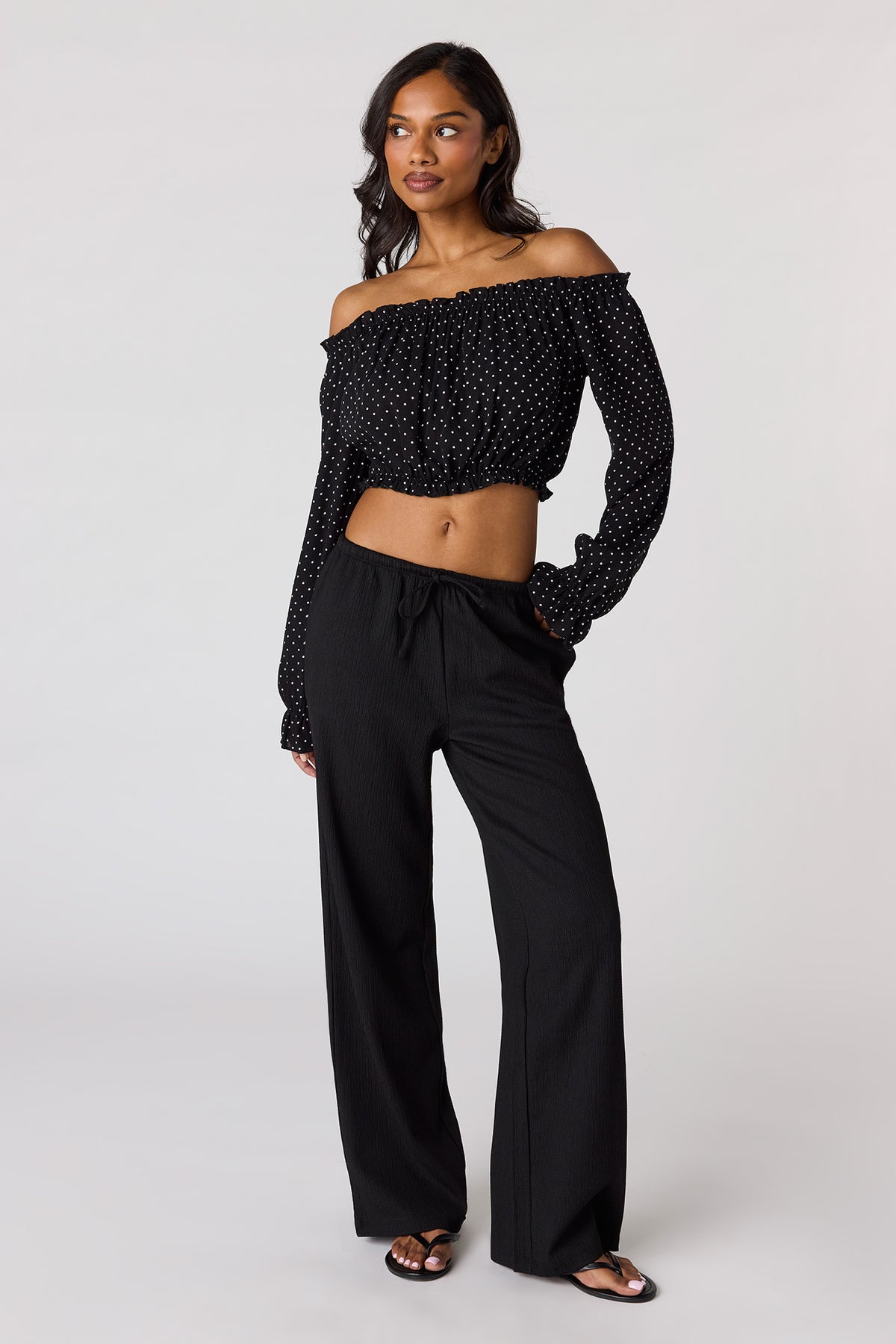 Alt View 3. Textured Off Shoulder Long Sleeve Top - Black with White