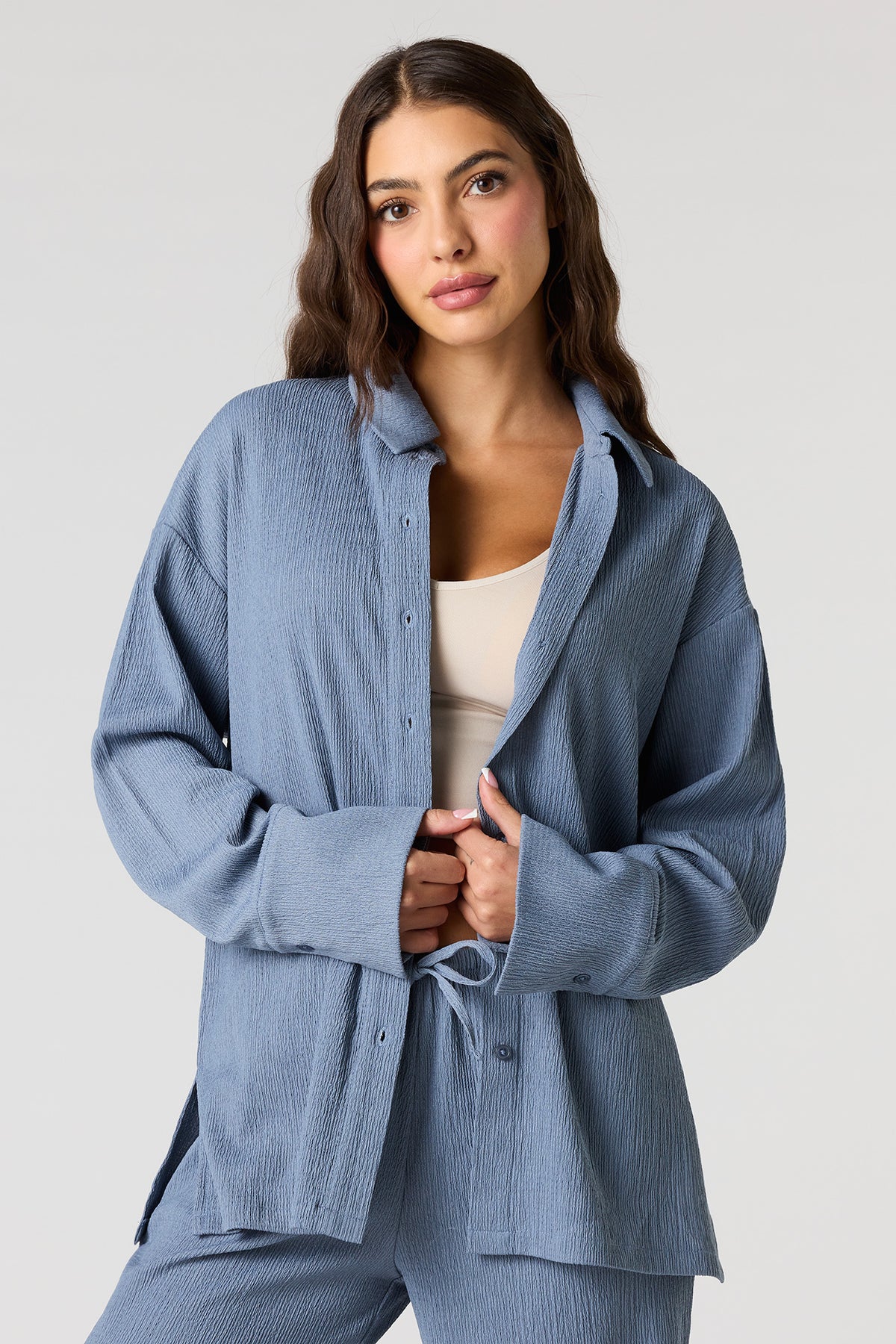 Textured Knit Button-Up Long Sleeve Top - Light Denim Blue