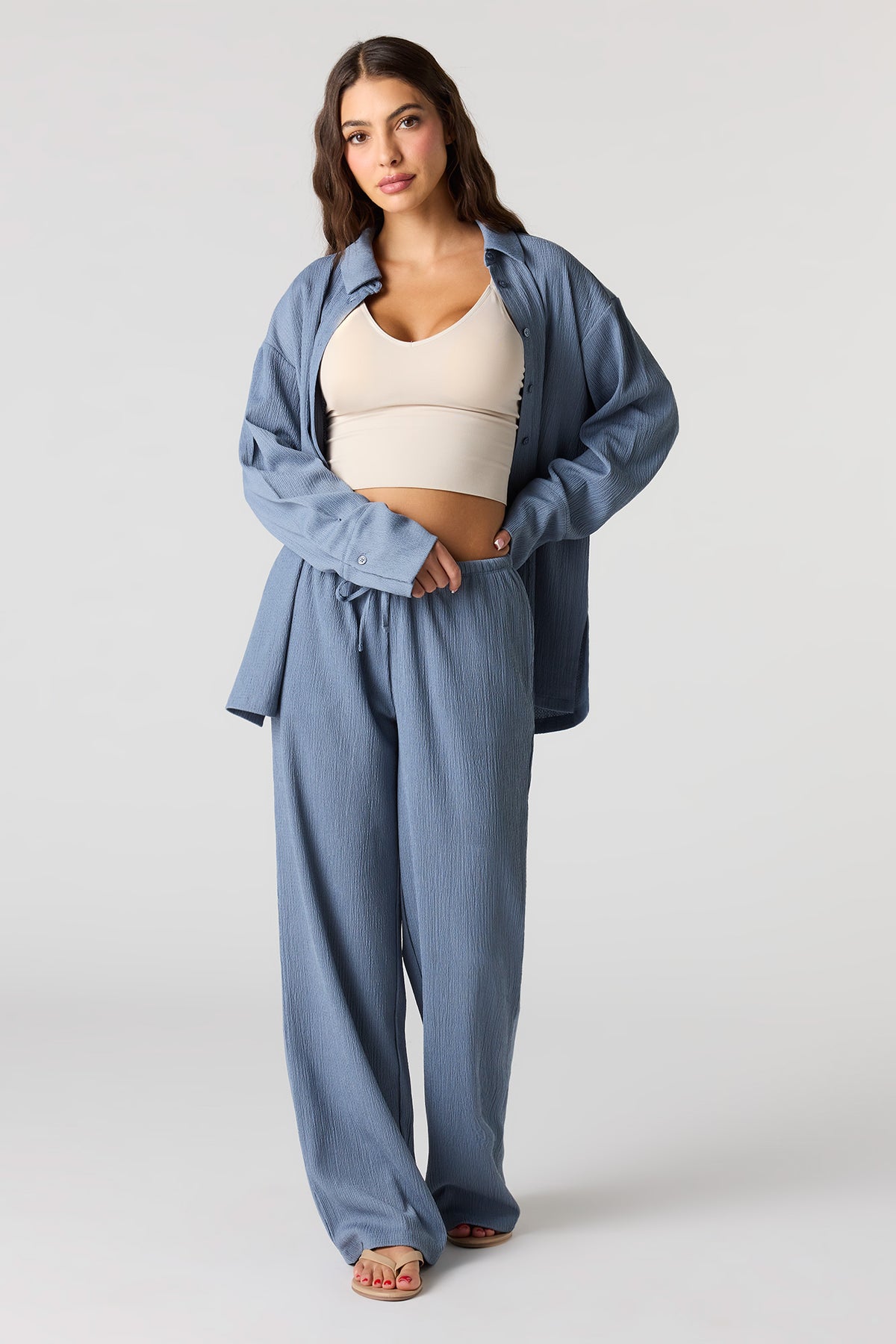 Alt View 3. Textured Knit Button-Up Long Sleeve Top - Light Denim Blue