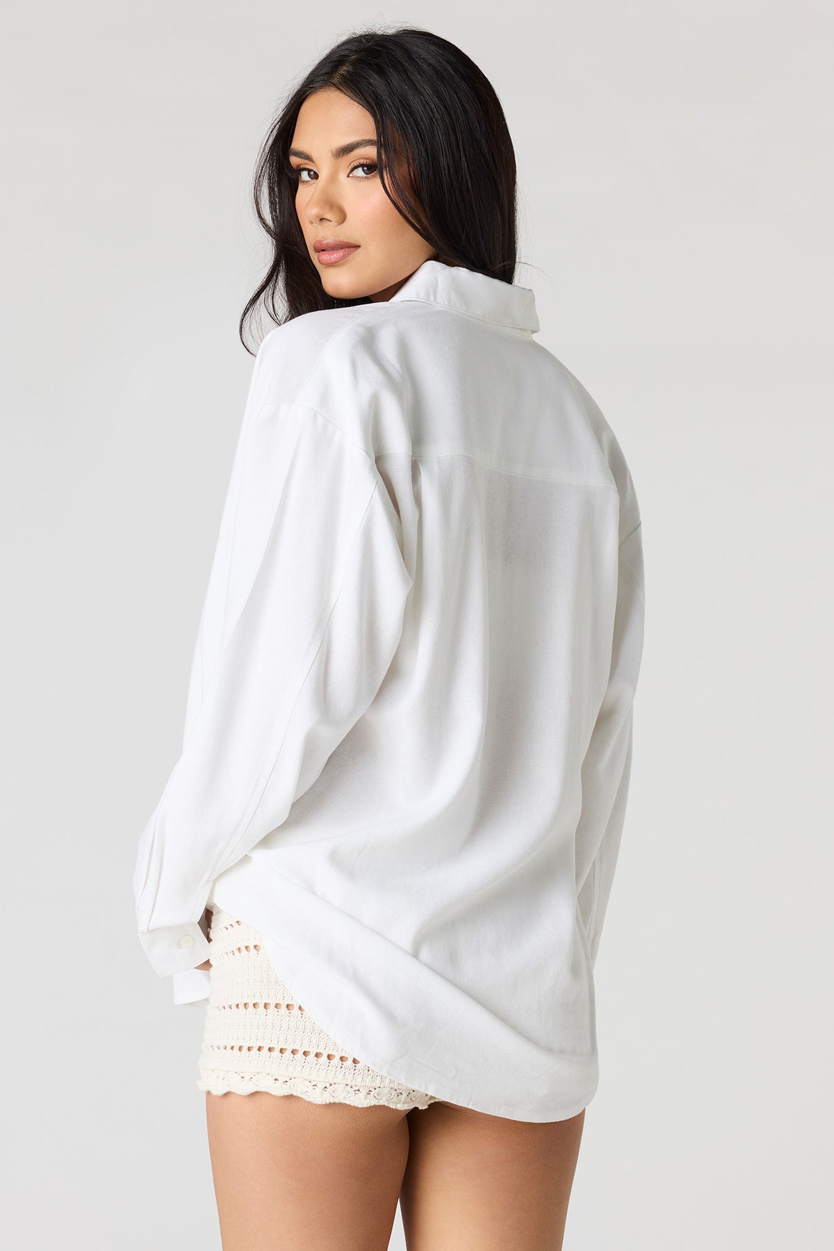 Alt View 2. Linen-Blend Long Sleeve Button-Up Top - White