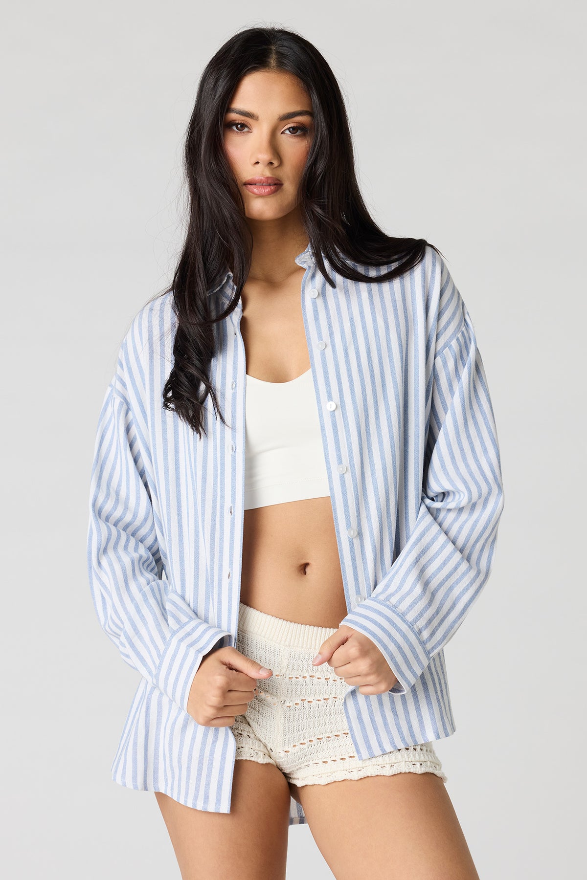 Linen-Blend Long Sleeve Button-Up Top - Baby Blue