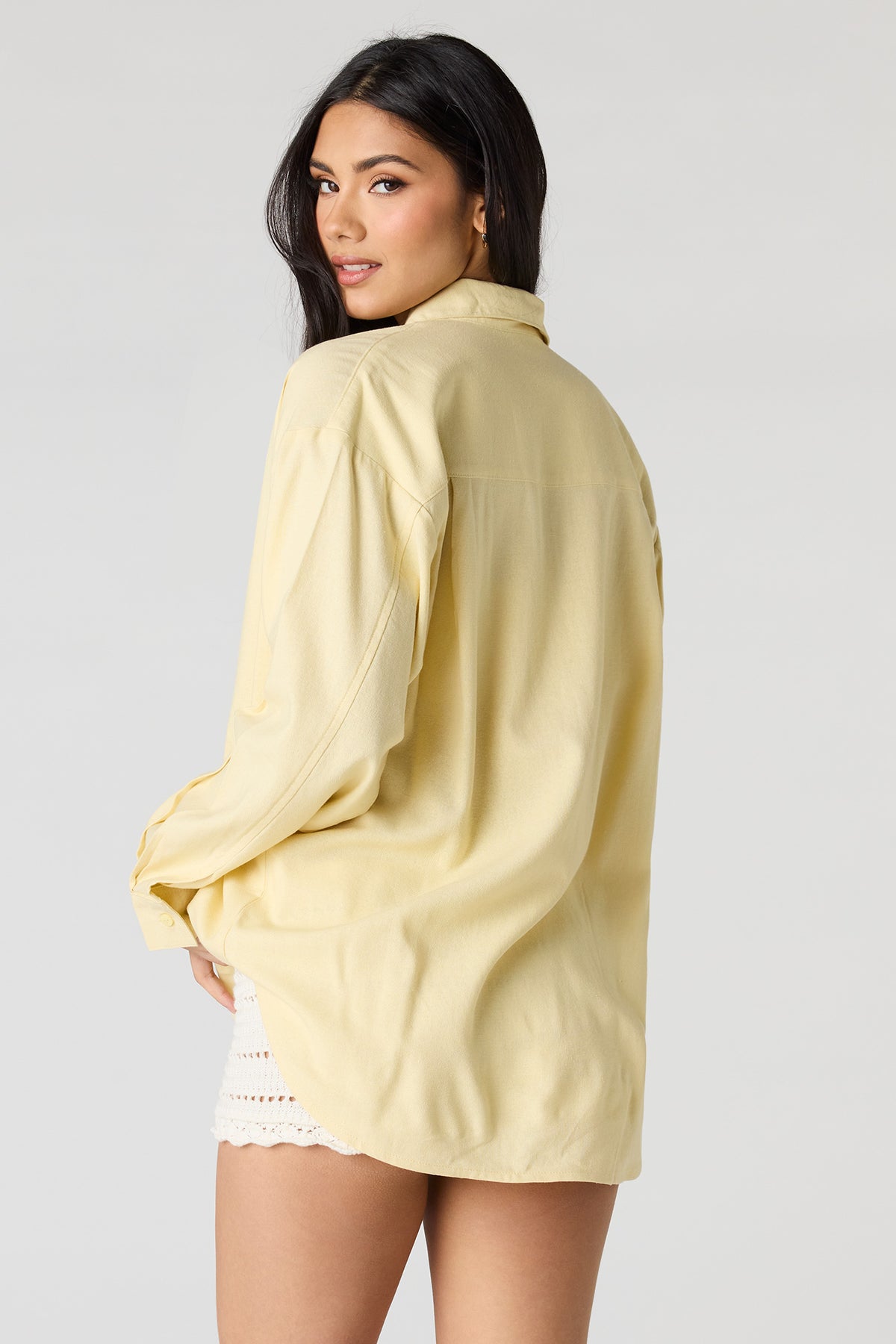 Alt View 2. Linen-Blend Long Sleeve Button-Up Top - Pale Yellow