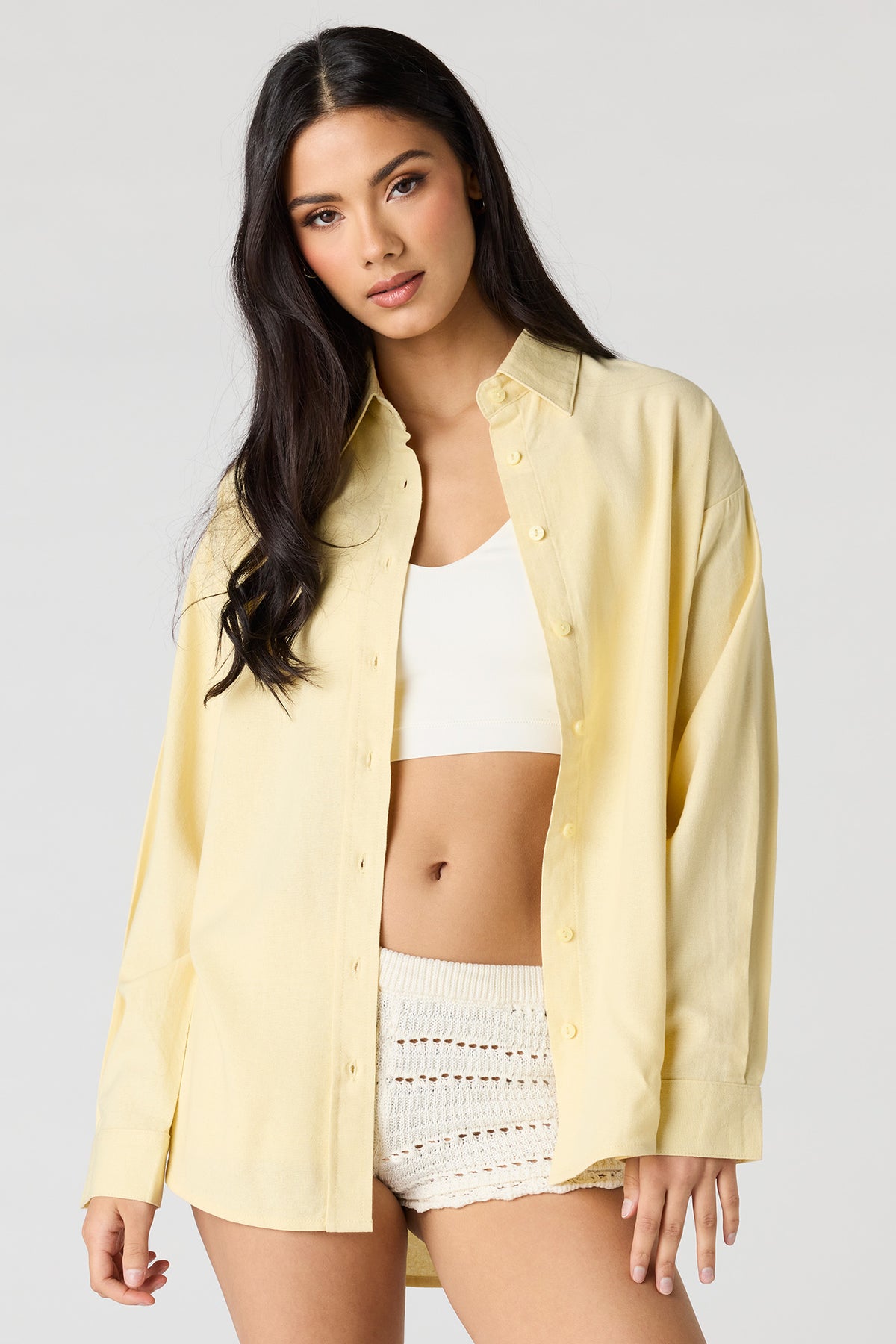 Linen-Blend Long Sleeve Button-Up Top - Pale Yellow