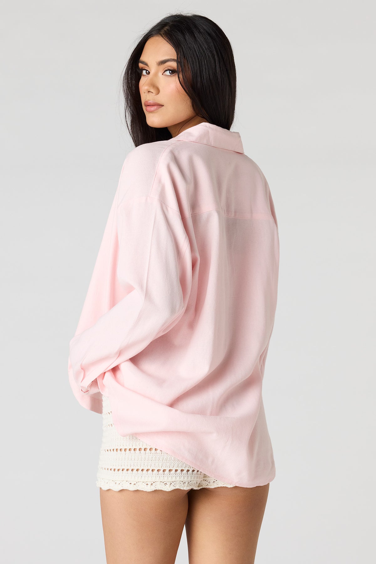 Alt View 2. Linen-Blend Long Sleeve Button-Up Top - Light Pink