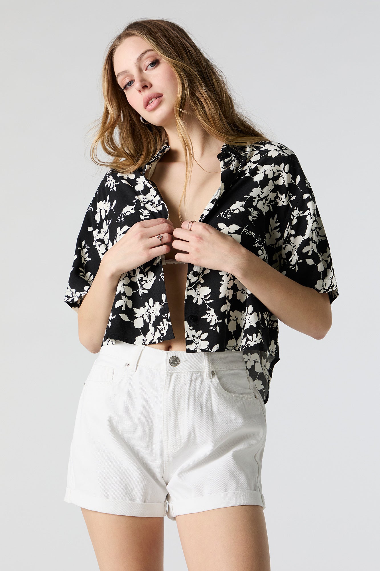 Printed Cropped Button-Up Top