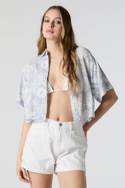 Paisley Print Cropped Button-Up Top