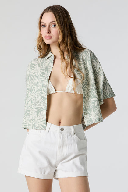 Leaf Print Cropped Button-Up Top