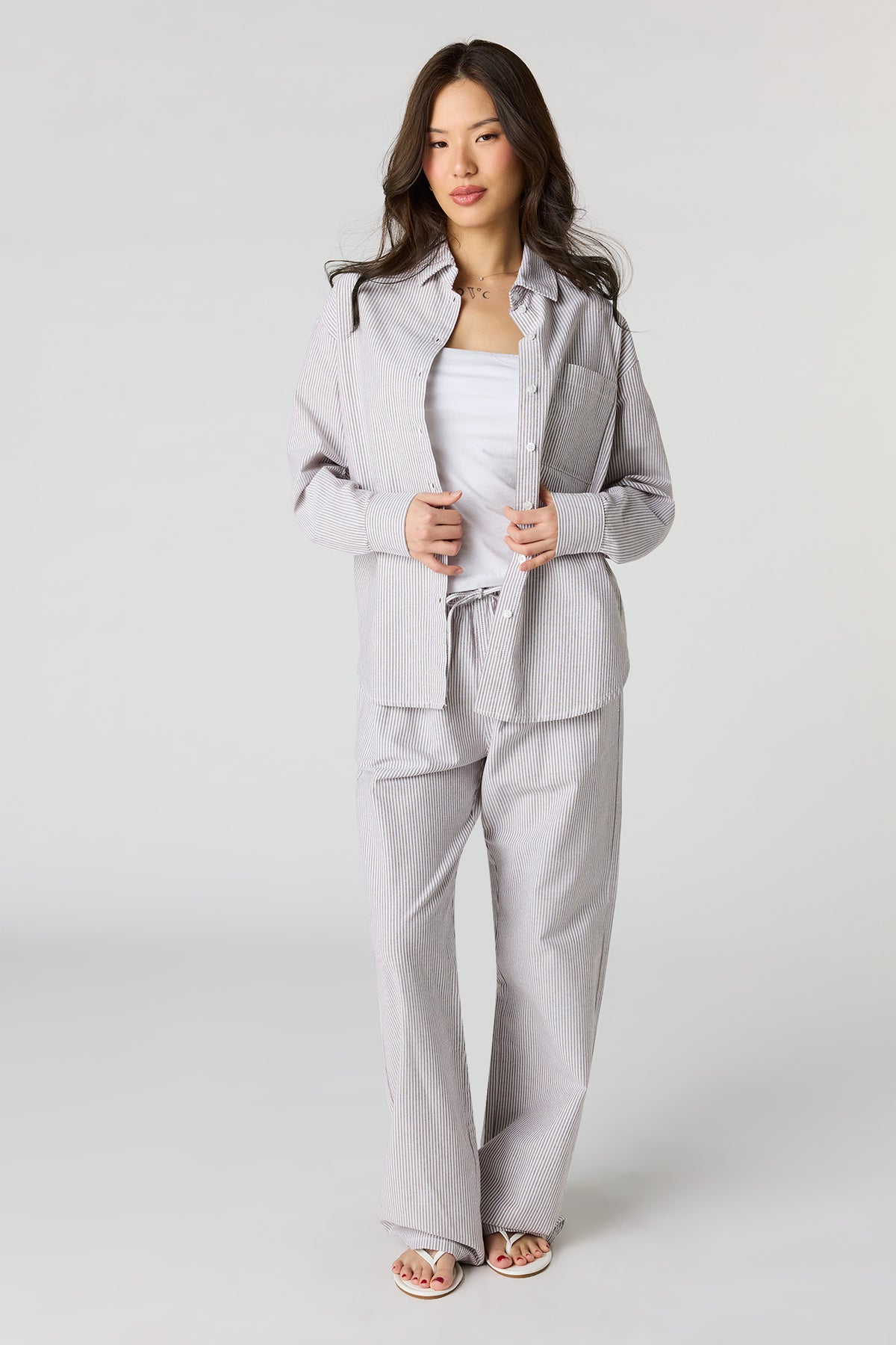 Alt View 6. Oversized Pinstriped Button-Up Top - Pink