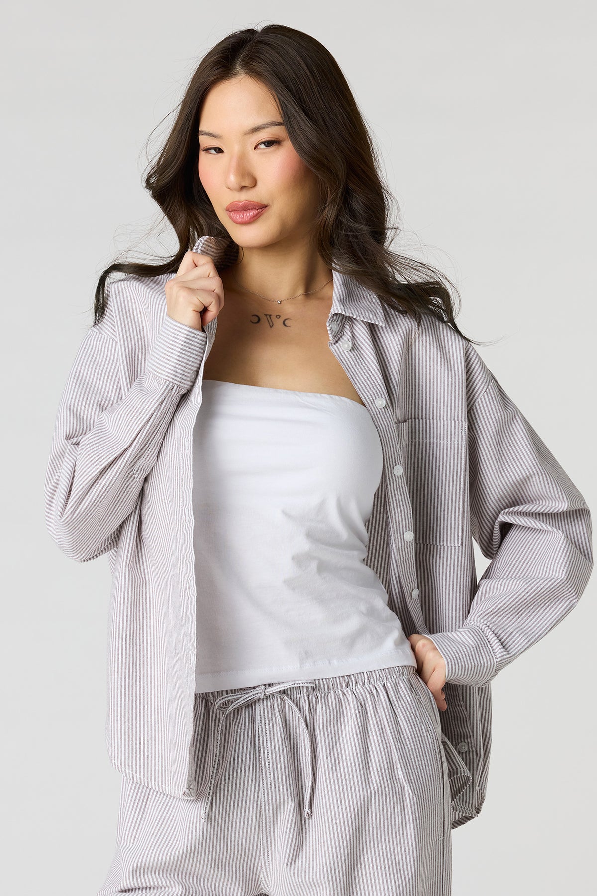 Alt View 4. Oversized Pinstriped Button-Up Top - Pink