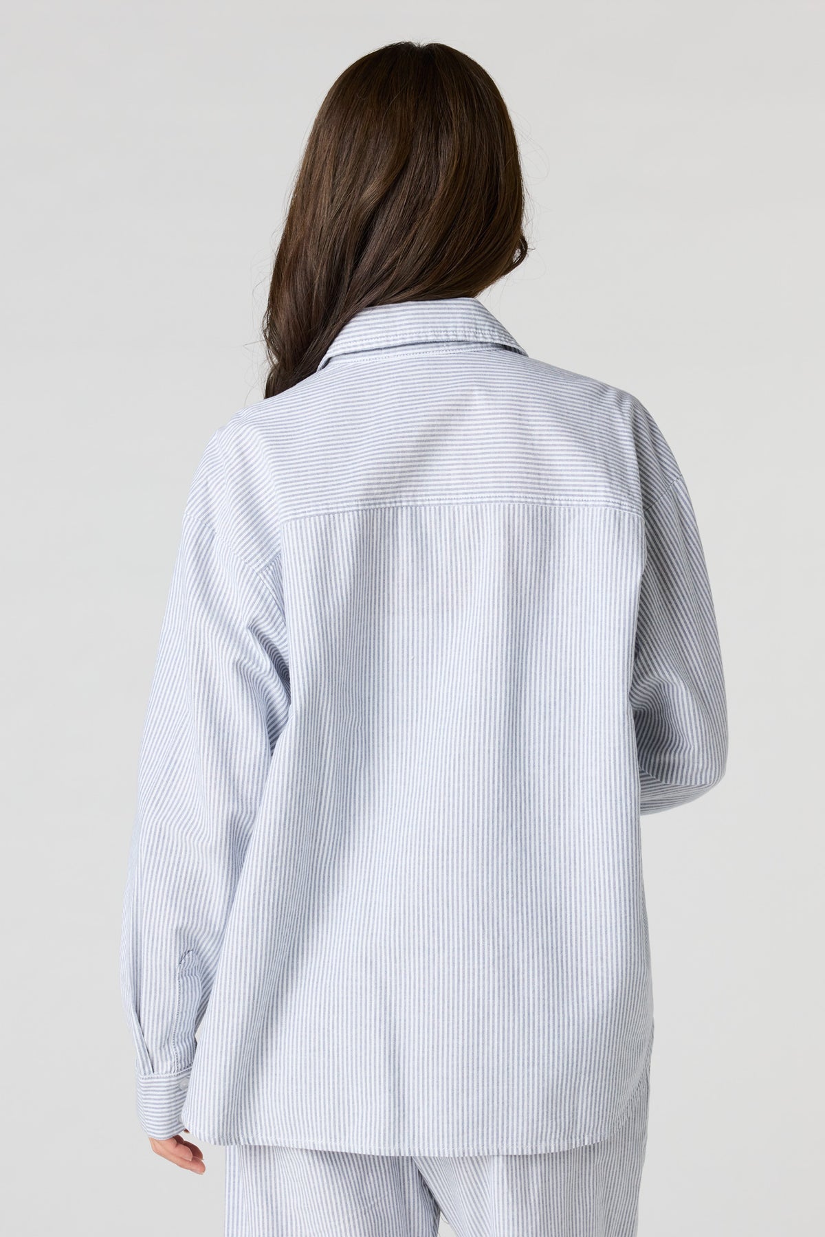 Alt View 2. Oversized Pinstriped Button-Up Top - Baby Blue