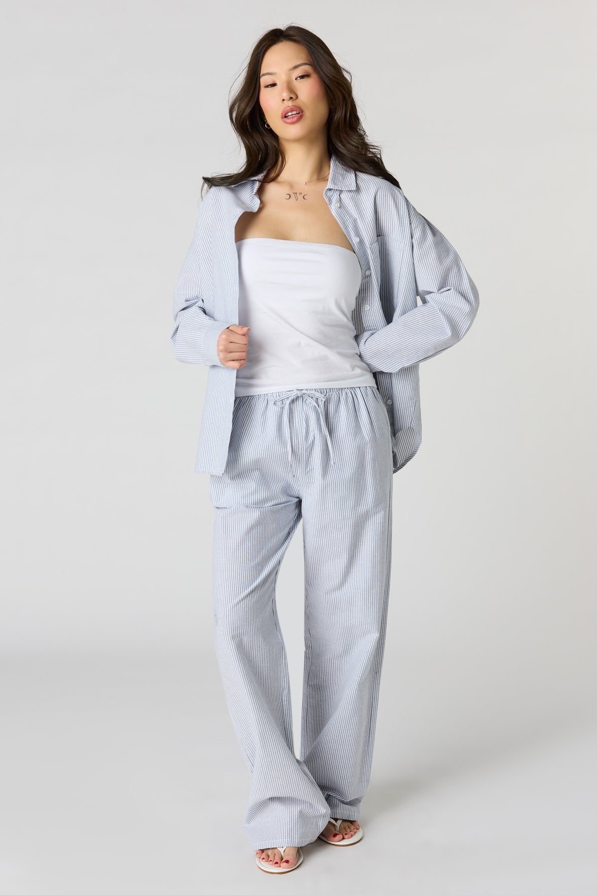 Alt View 3. Oversized Pinstriped Button-Up Top - Baby Blue