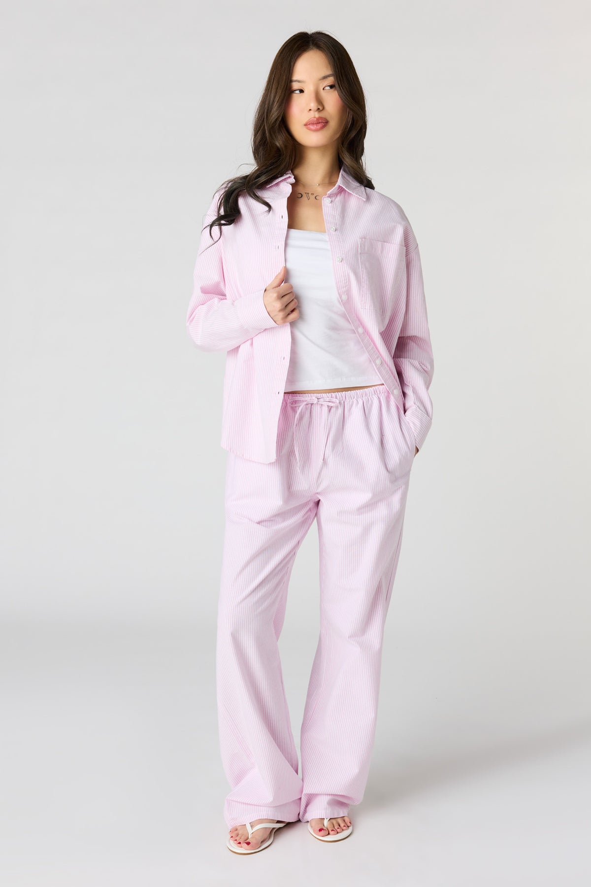 Alt View 3. Oversized Pinstriped Button-Up Top - Light Pink