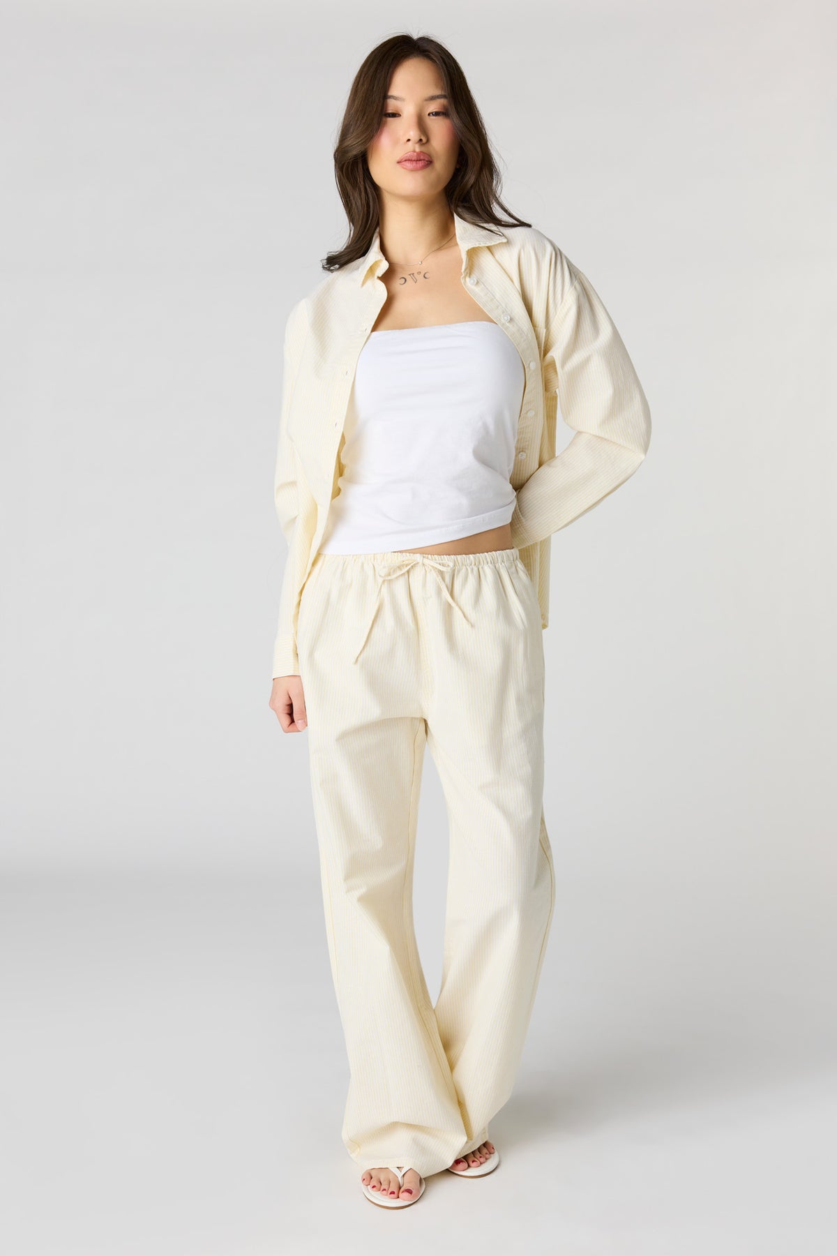 Alt View 3. Oversized Pinstriped Button-Up Top - Yellow