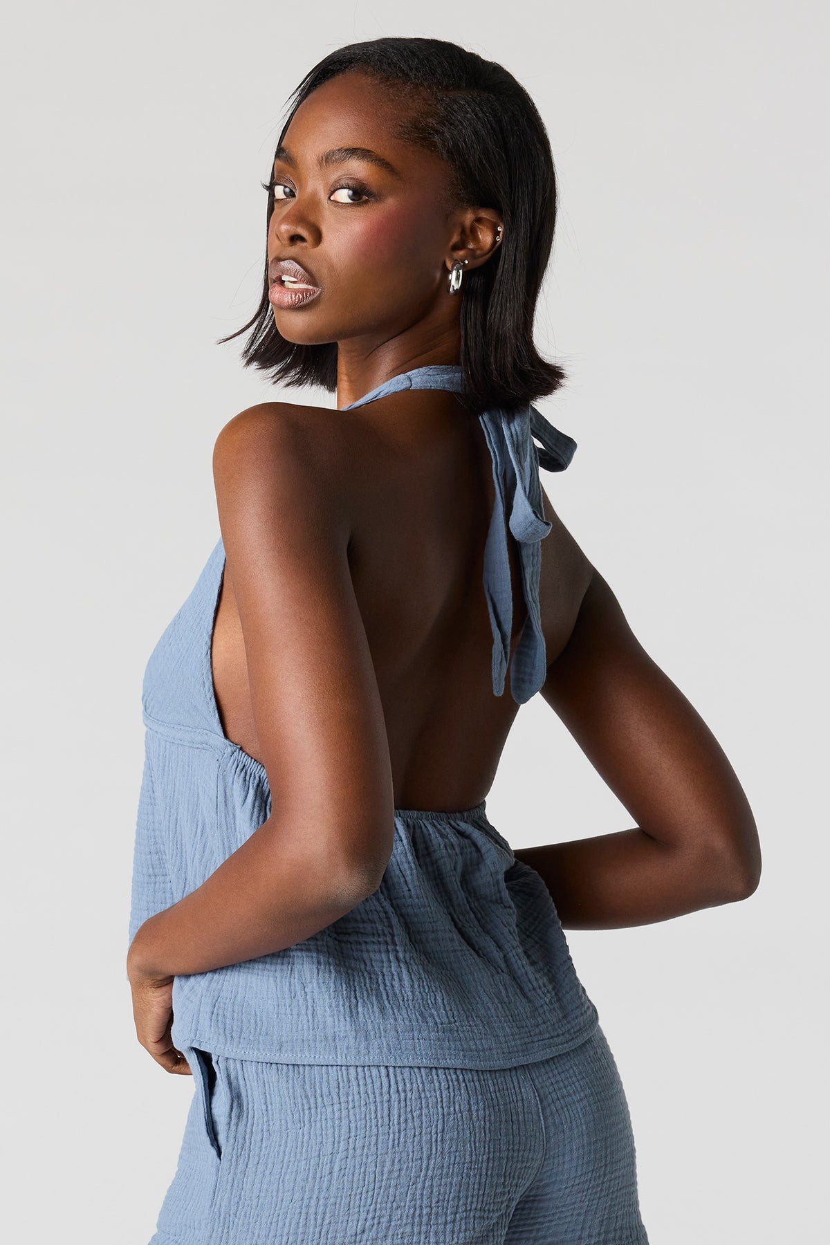 Alt View 2. Textured Halter Top - Baby Blue