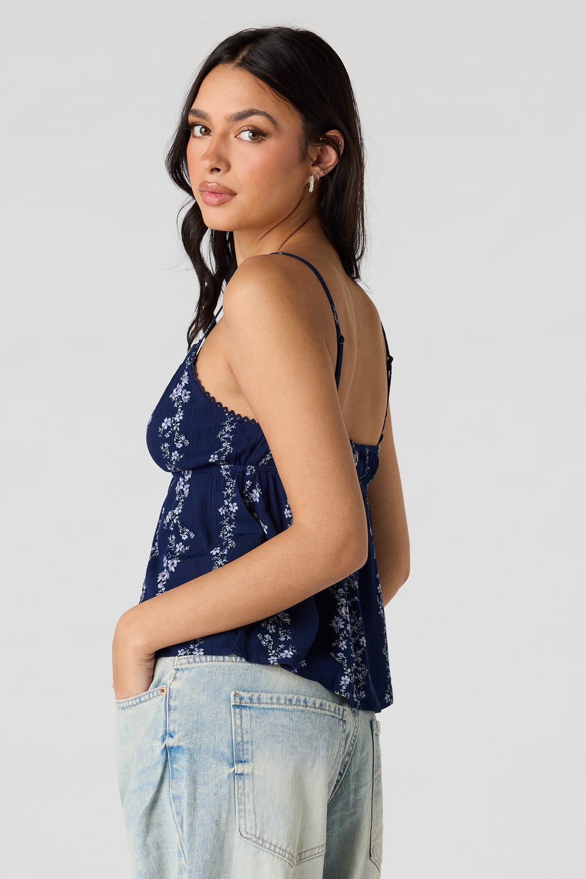 Alt View 2. Printed Babydoll Tank - Navy