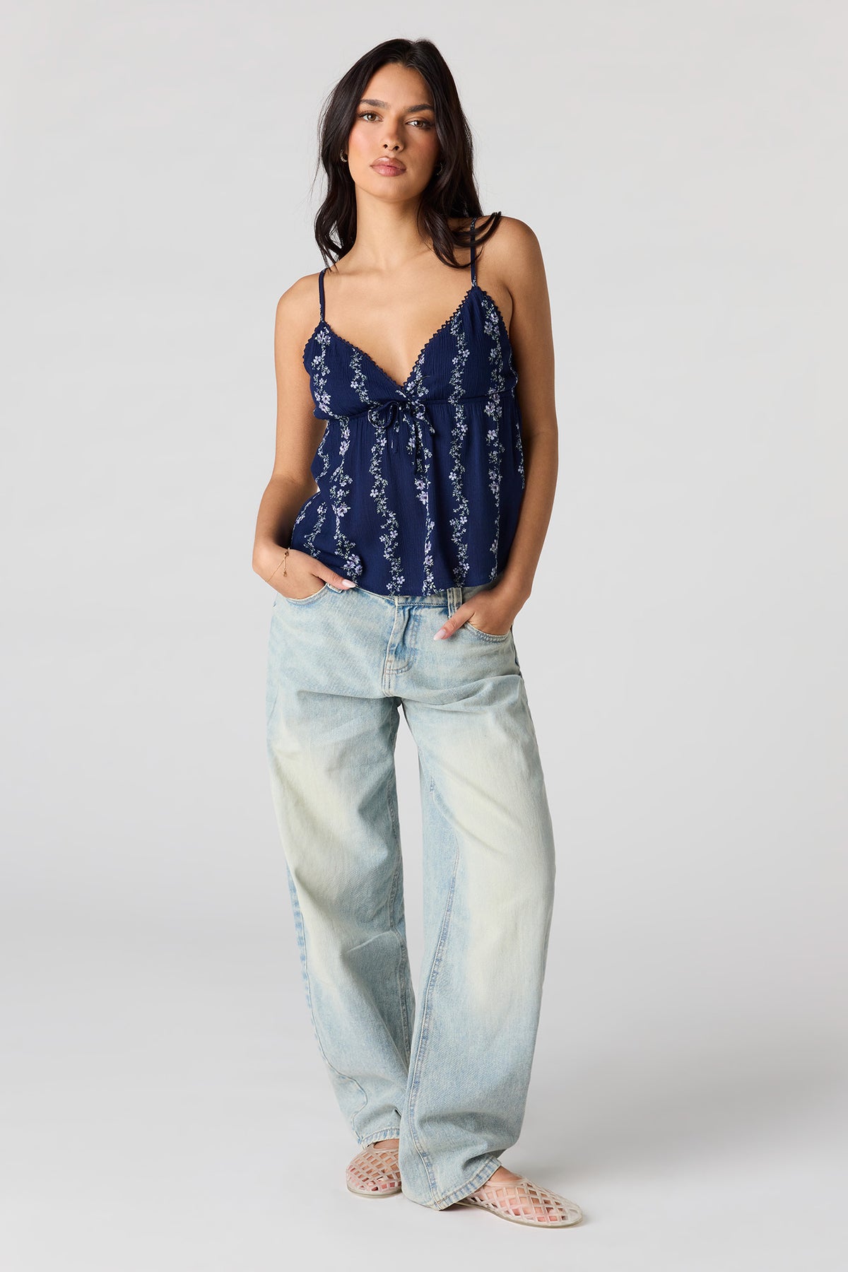 Alt View 3. Printed Babydoll Tank - Navy